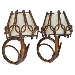 Vintage Organic Bend Bamboo Sconce Woven Bamboo Cased Fiber Shades France 1950, Pair