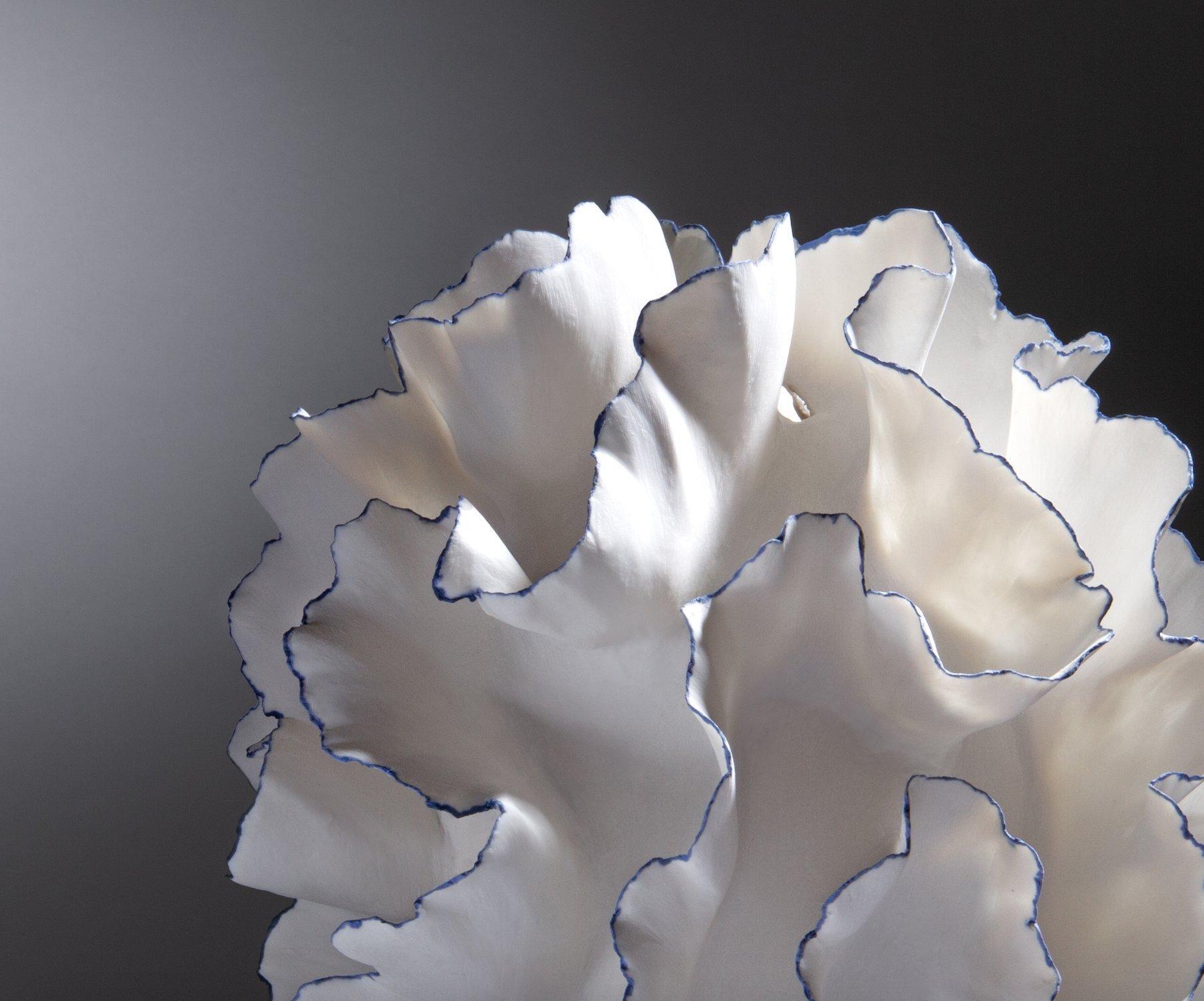Contemporary Organic Blue and White Ruffled Ceramic Sculpture, Sandra Davolio For Sale