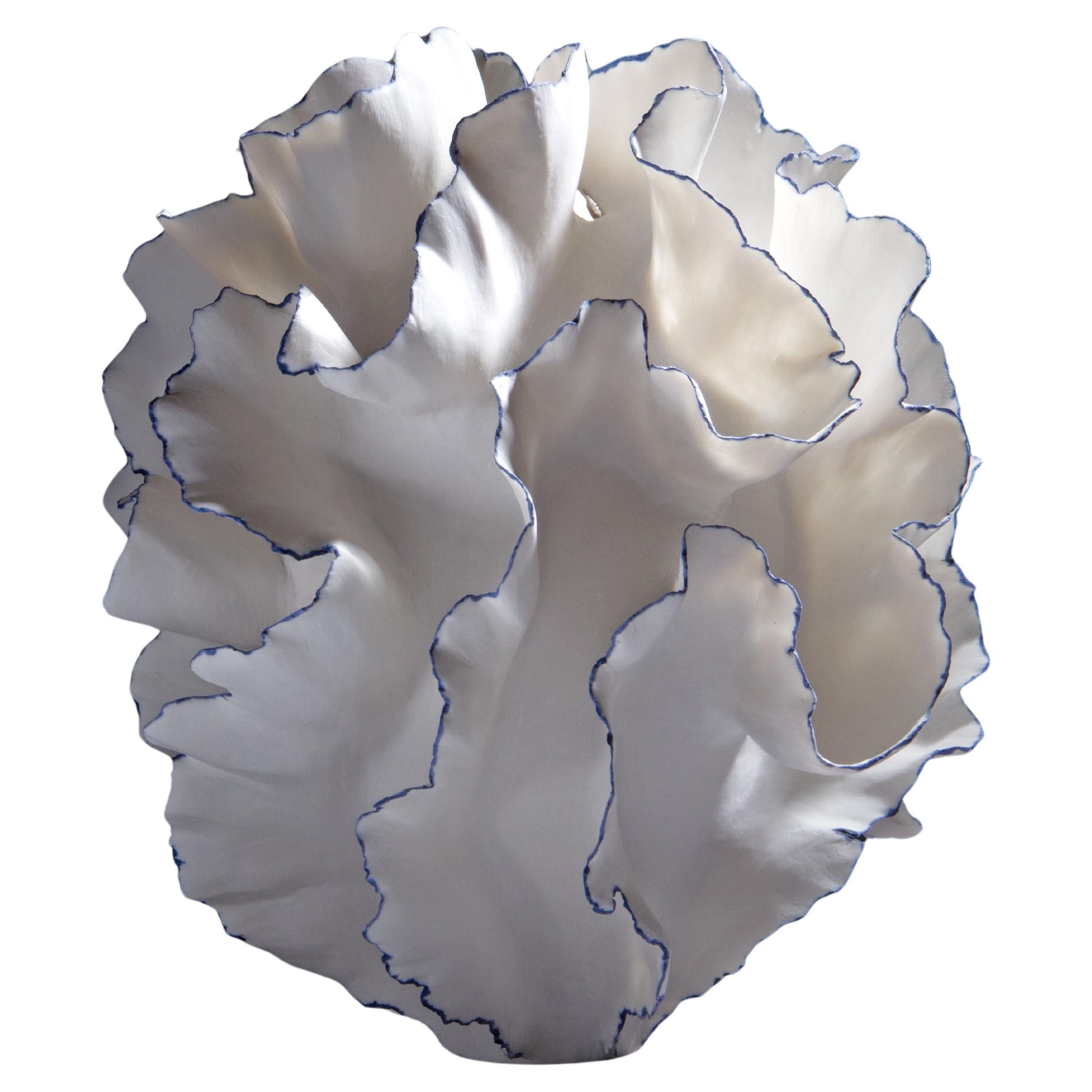 Organic Blue and White Ruffled Ceramic Sculpture, Sandra Davolio For Sale