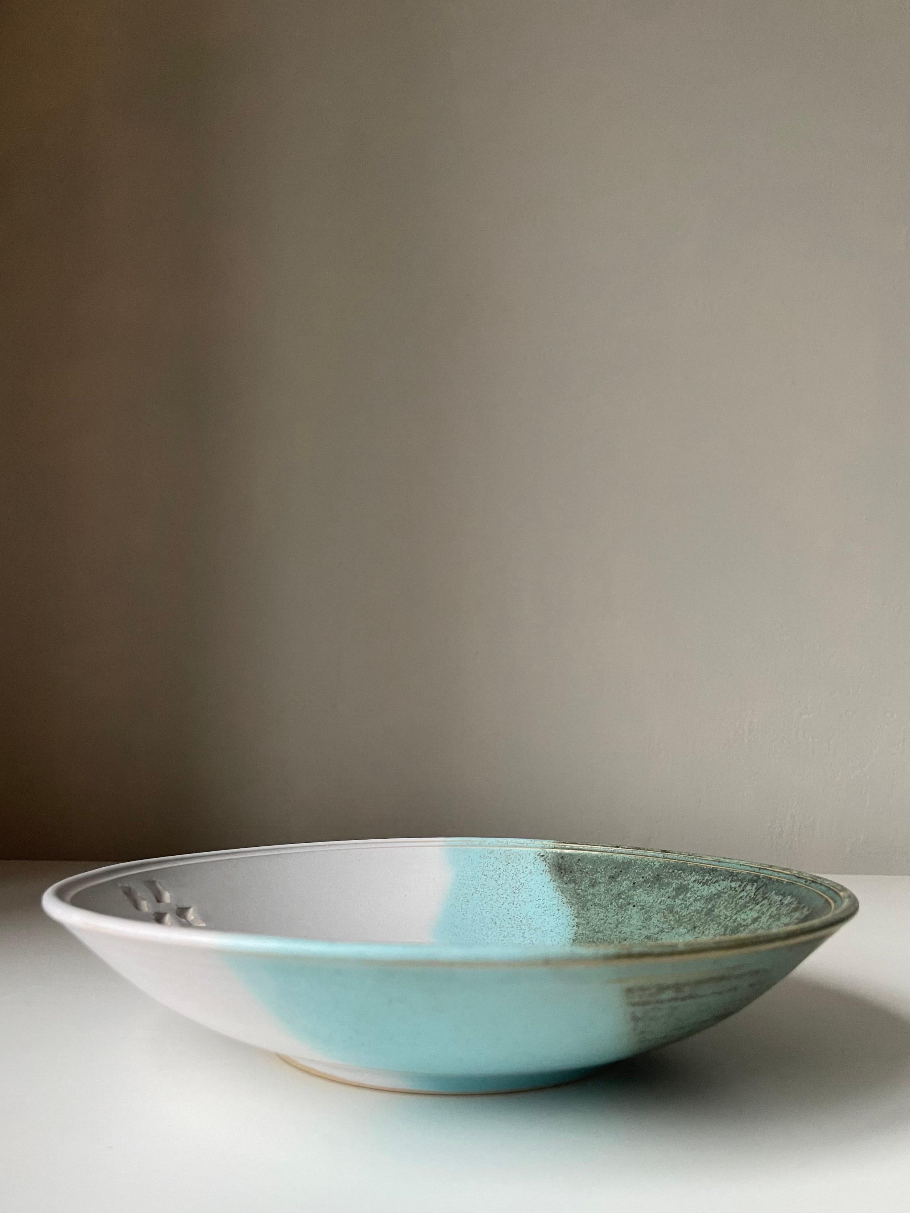 Danish 1980s Organic Blue, Green, White Decorative Ceramic Plate For Sale