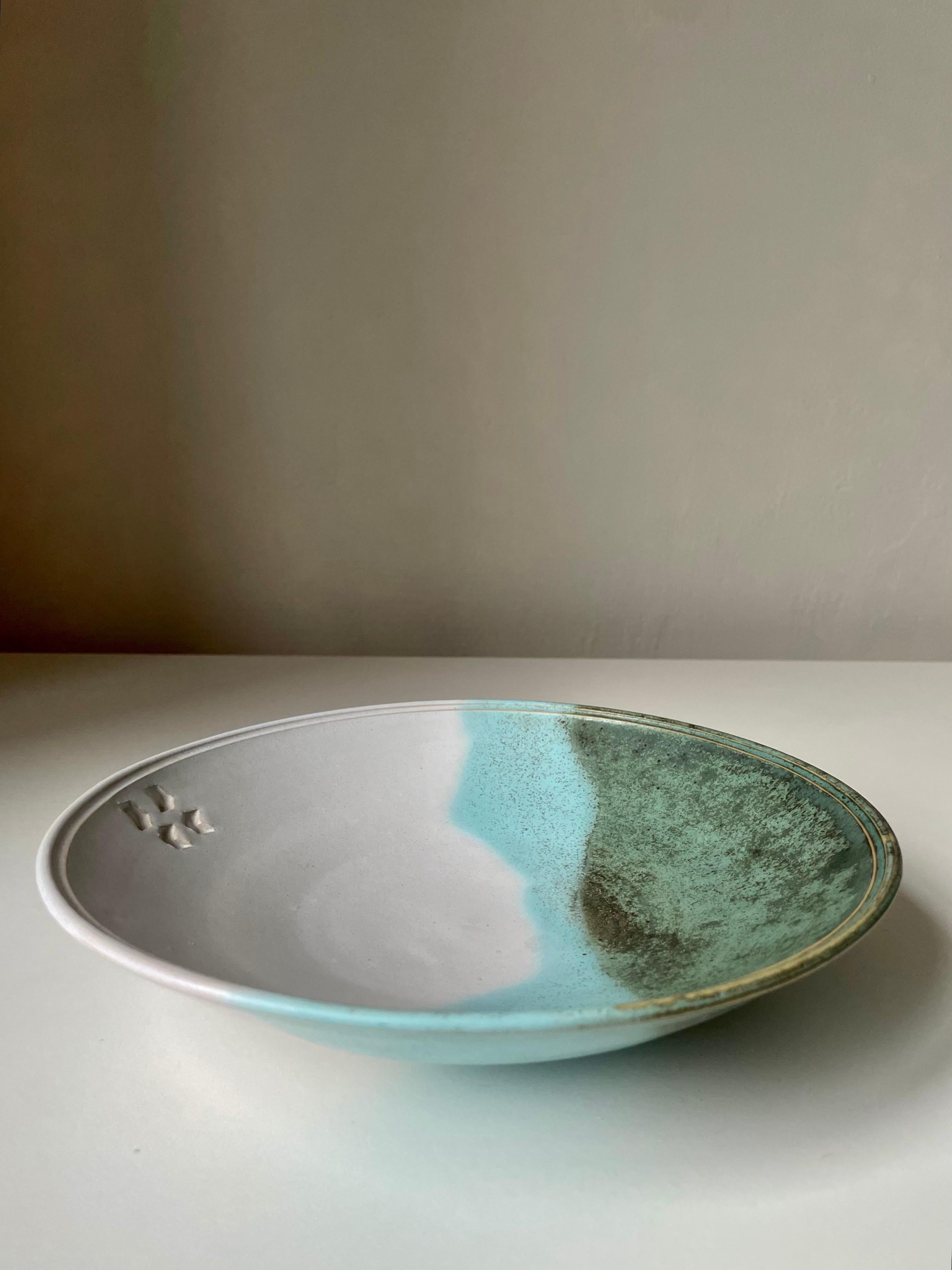 Glazed 1980s Organic Blue, Green, White Decorative Ceramic Plate For Sale