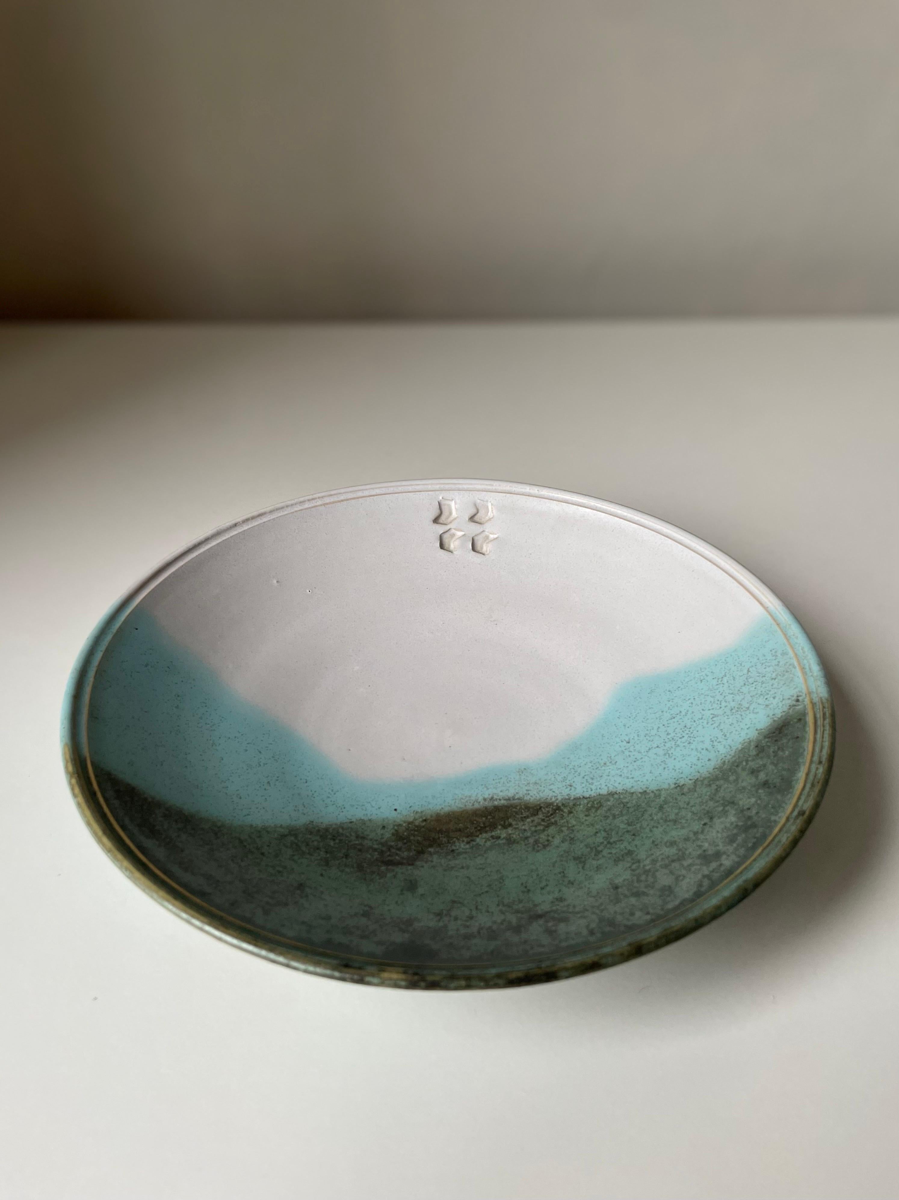 Stoneware 1980s Organic Blue, Green, White Decorative Ceramic Plate For Sale