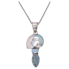 Organic Blue Topaz w Drusy w Iridescent Nautilus Bezel Set Pendant on Long Chain