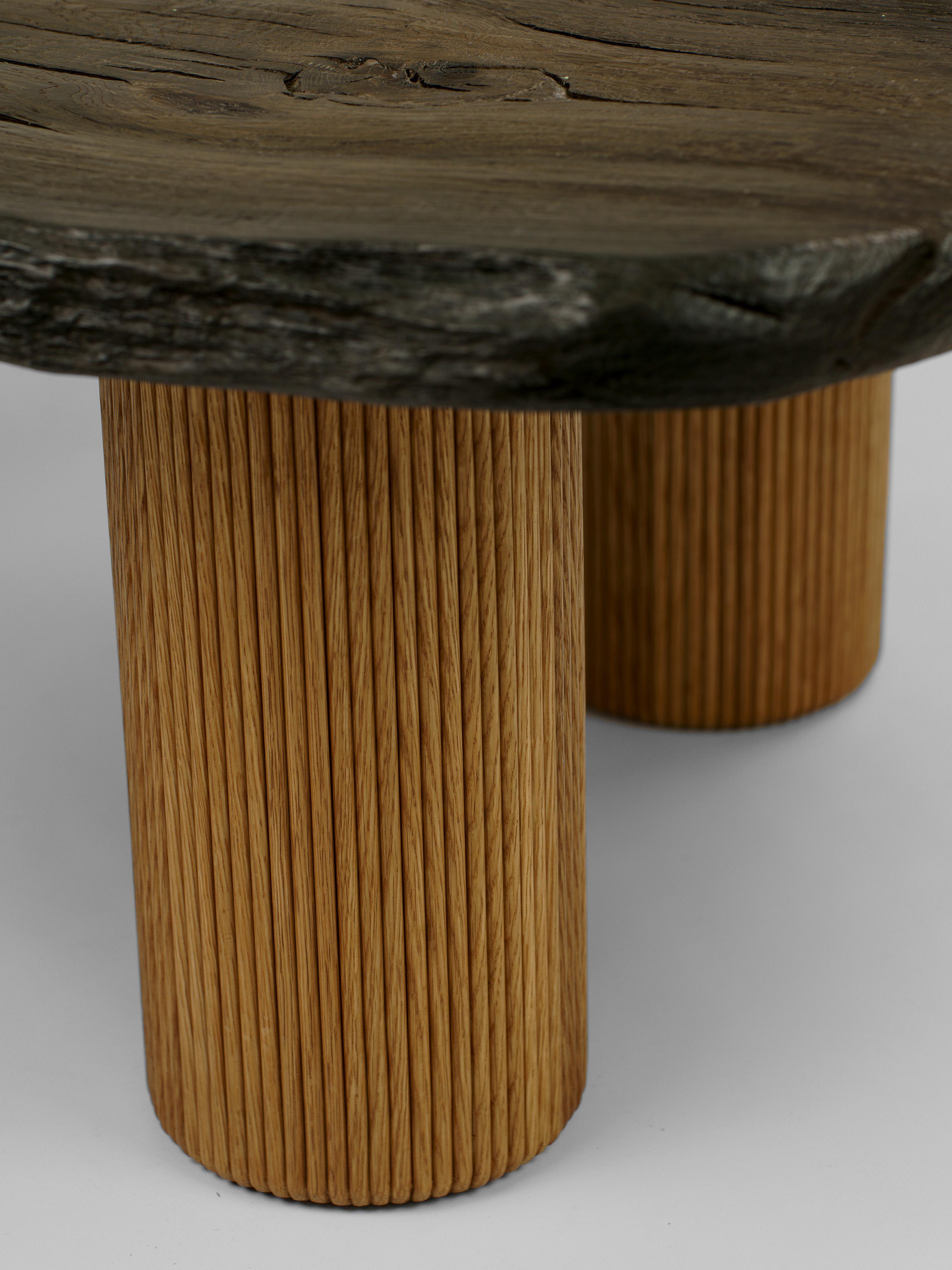 American Organic Bog Oak Coffee Table with Reeded Column White Oak Legs