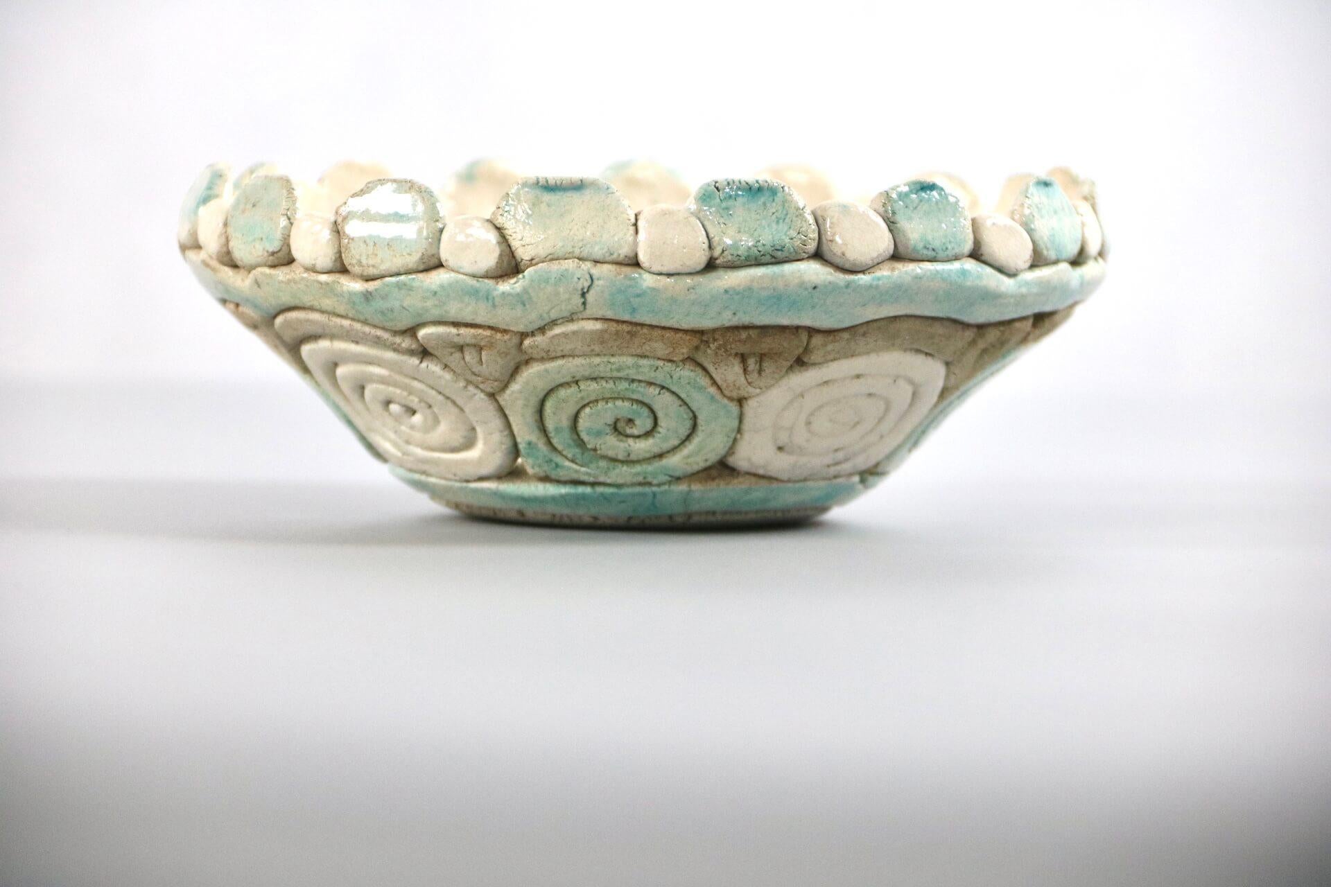 Hand-Painted Organic bowl. Raw form with a natural effect and turquoise-white color from 1970 For Sale