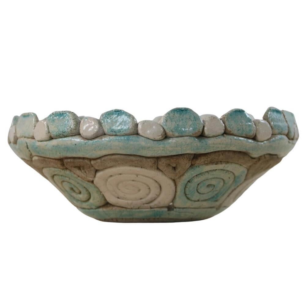 Ceramic Organic bowl. Raw form with a natural effect and turquoise-white color from 1970 For Sale