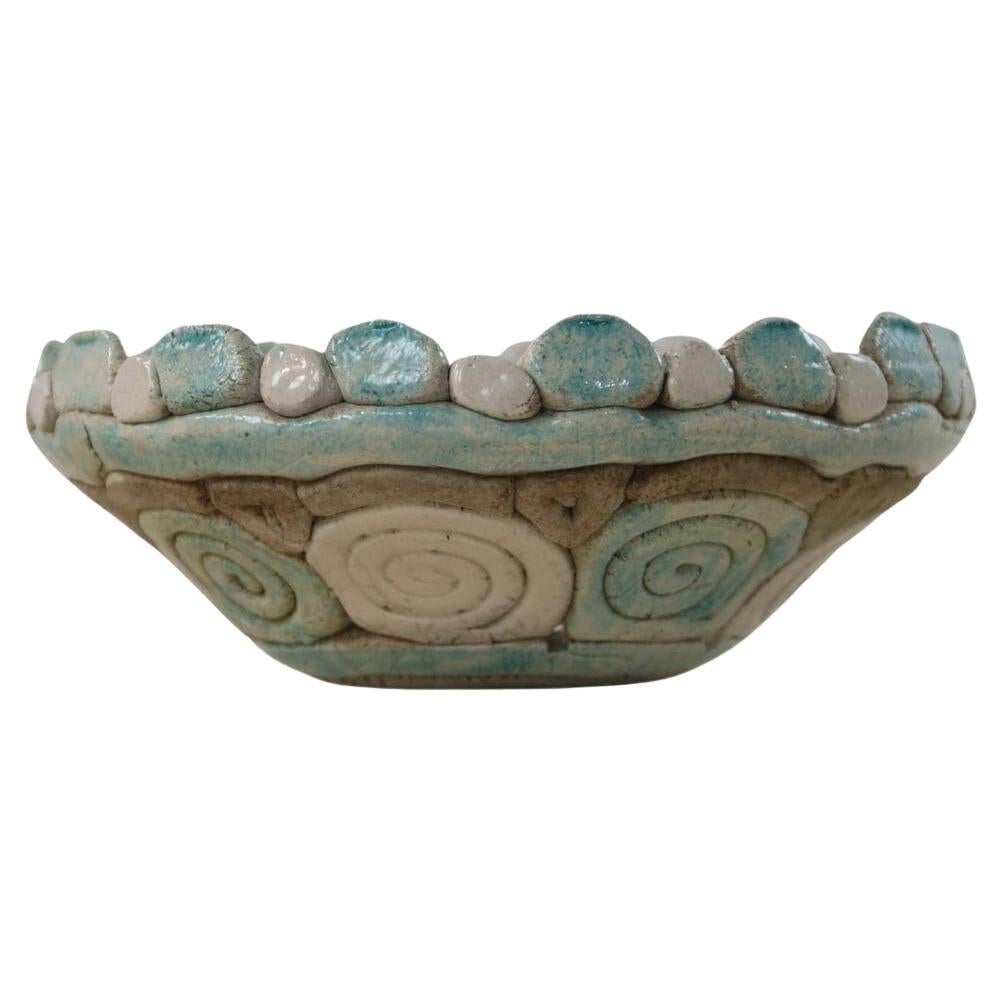 Organic bowl. Raw form with a natural effect and turquoise-white color from 1970 For Sale