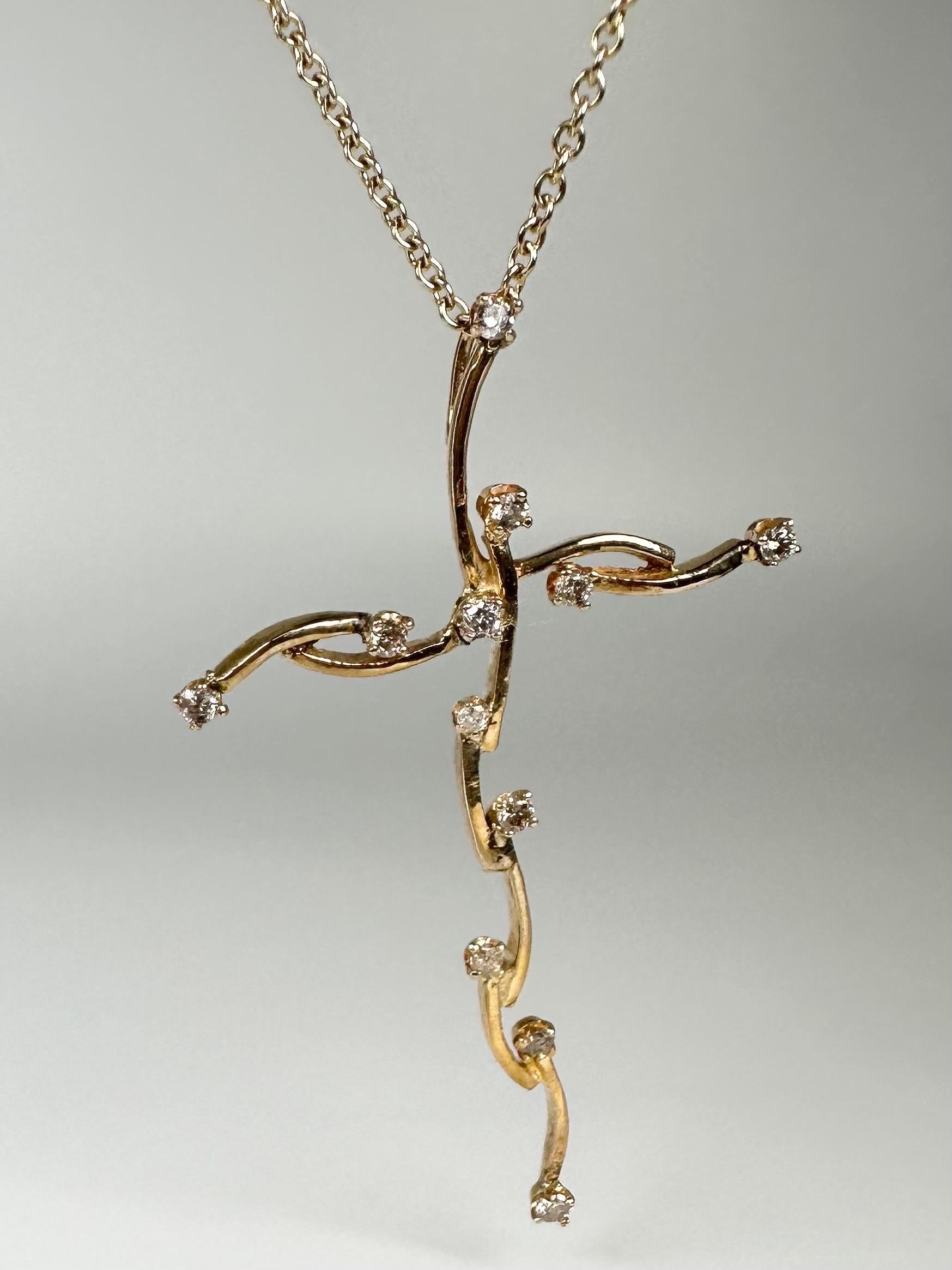 Organic Branches cross with diamonds Custom and RARE 14KT gold In New Condition For Sale In Jupiter, FL