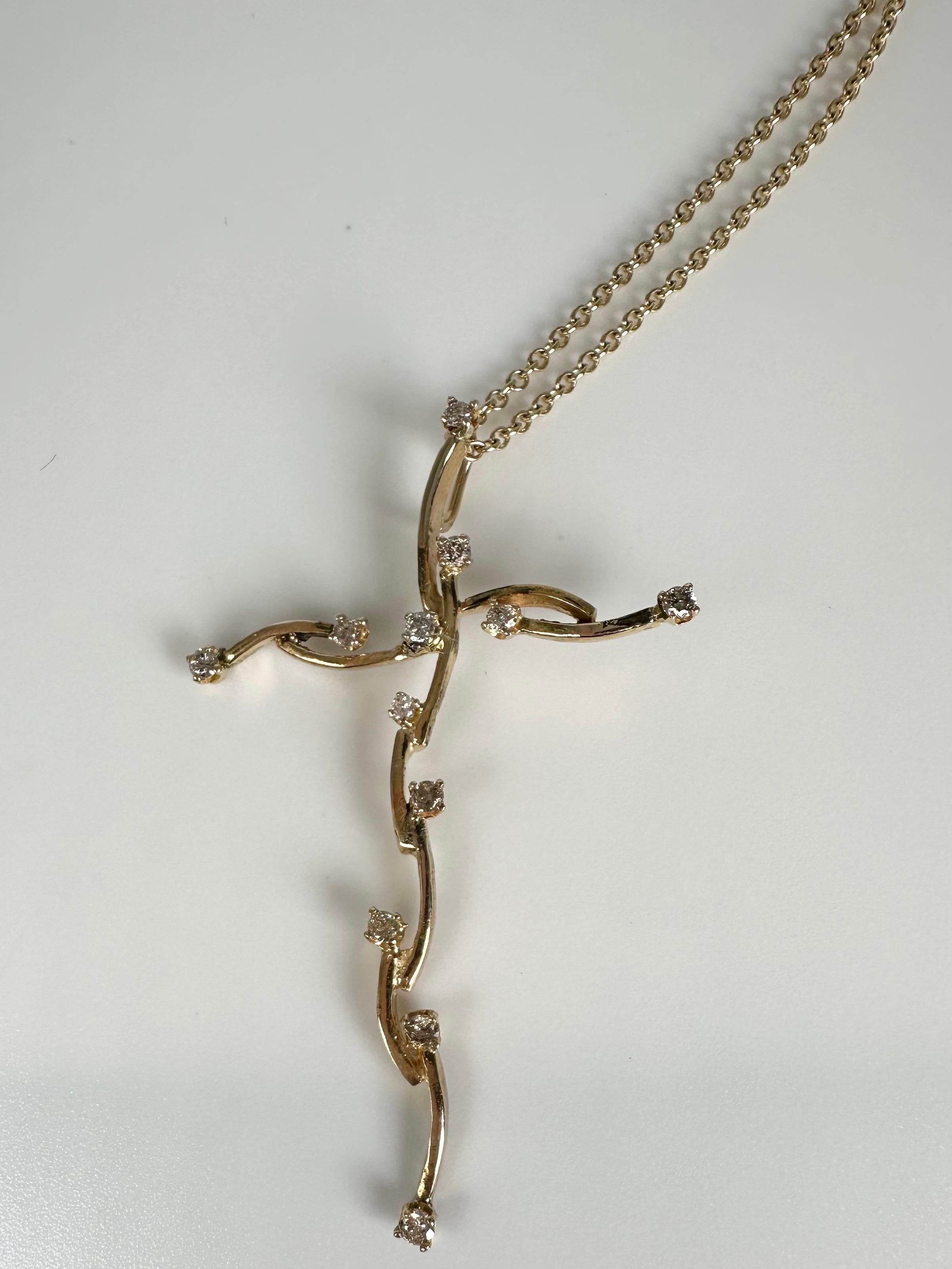 Organic Branches cross with diamonds Custom and RARE 14KT gold For Sale 1