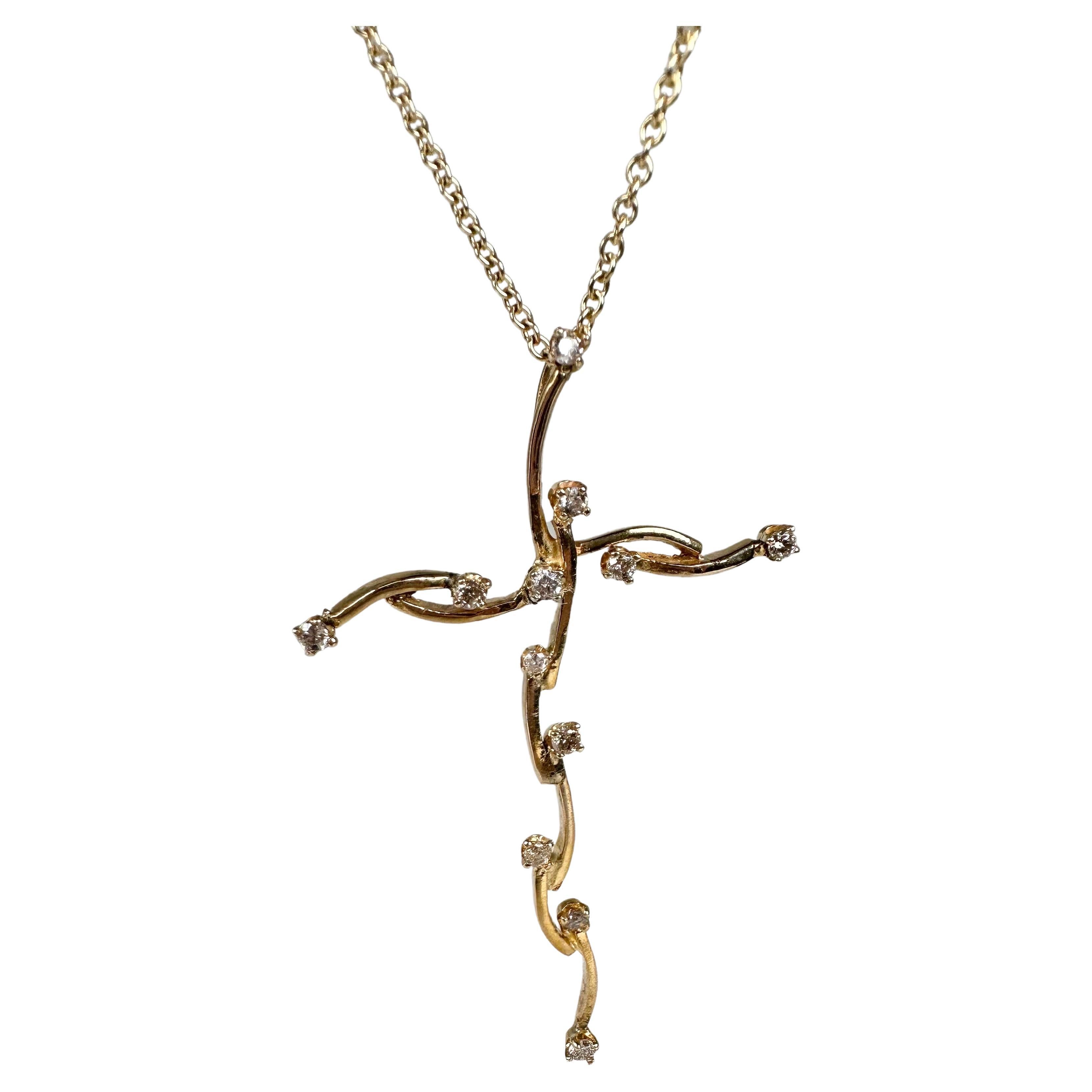 Organic Branches cross with diamonds Custom and RARE 14KT gold For Sale