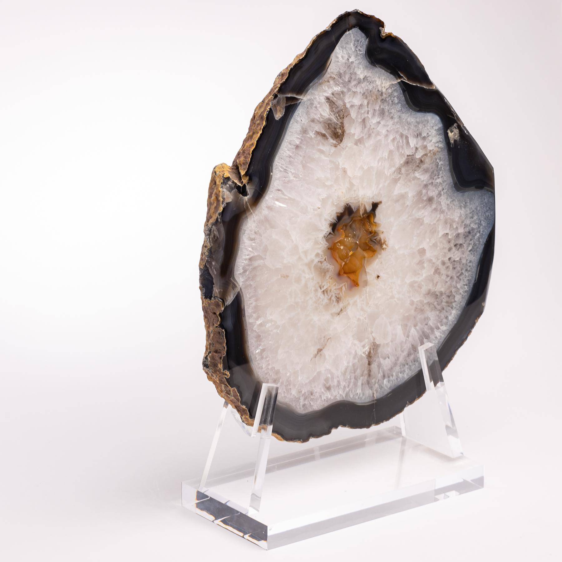 Polished Organic Brazilian Shape Agate Slab on a Custom Acrylic Stand For Sale