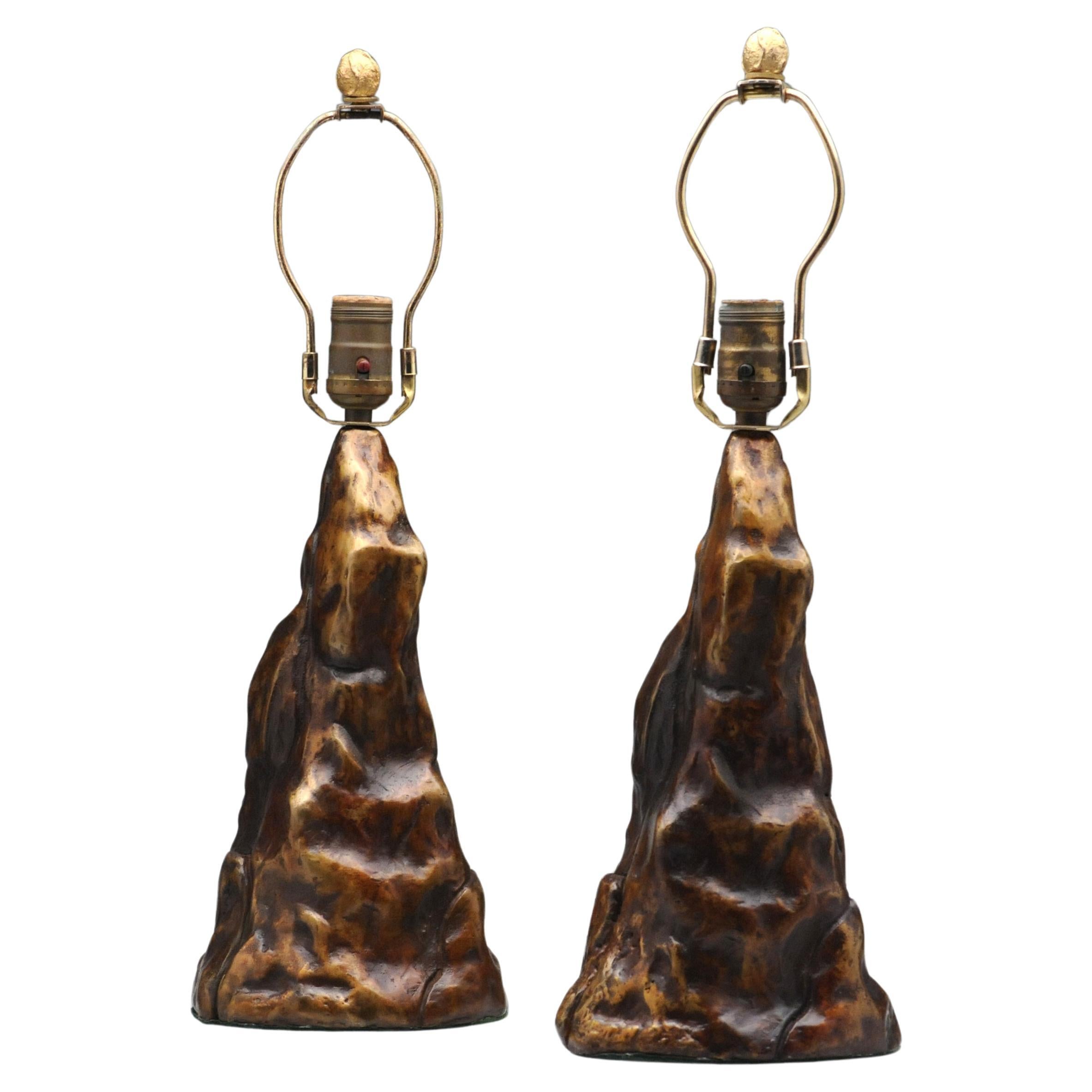 Organic Brutalist Bronze Pair of Table Lamps Vintage 