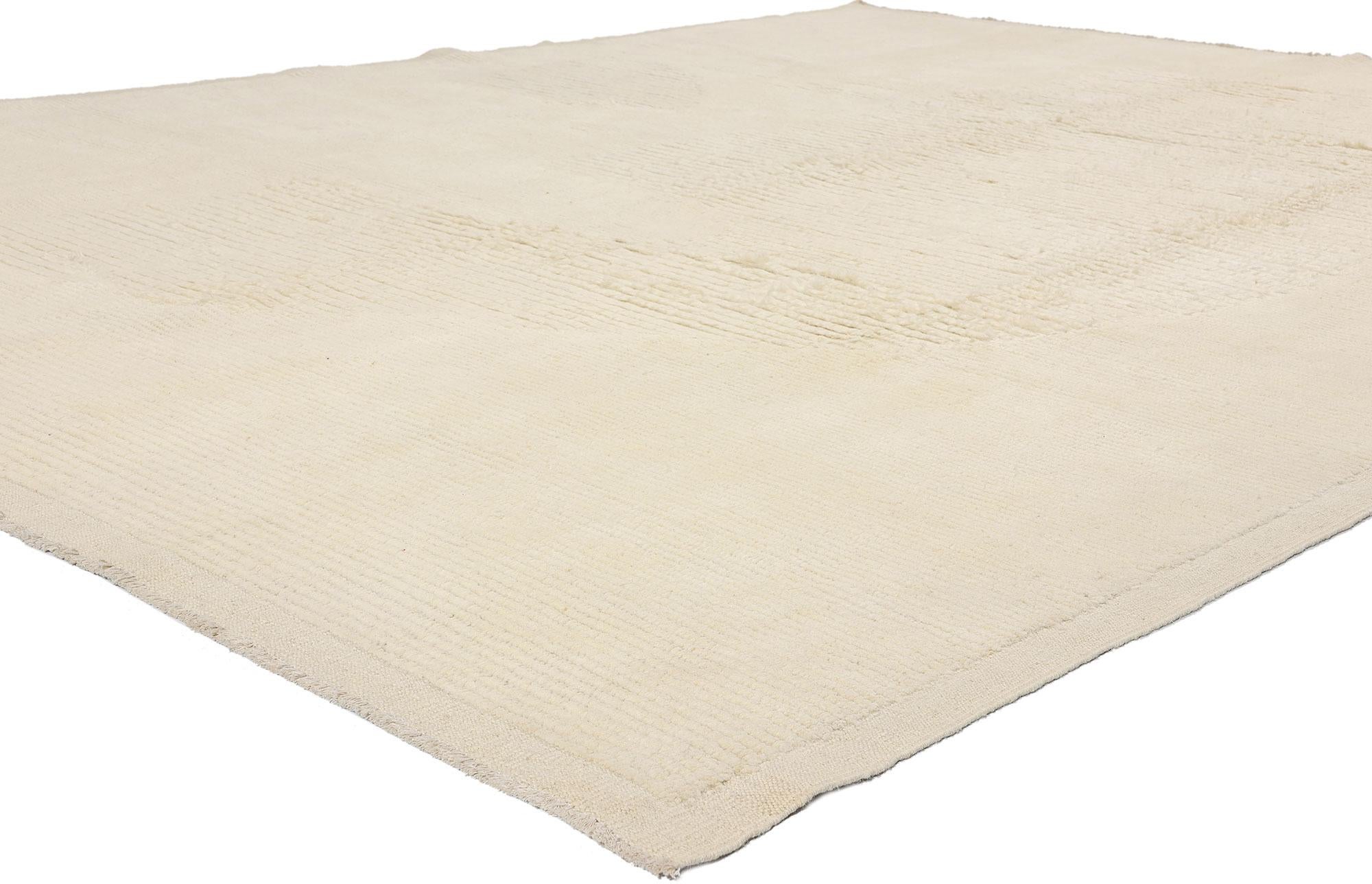 81087 Organic Modern Ivory Moroccan Rug, 07'11 x 10'01. Immerse yourself in the captivating essence of Japandi design as you elevate your space with our hand-knotted wool organic modern ivory Moroccan Moroccan rug. Crafted with an unwavering