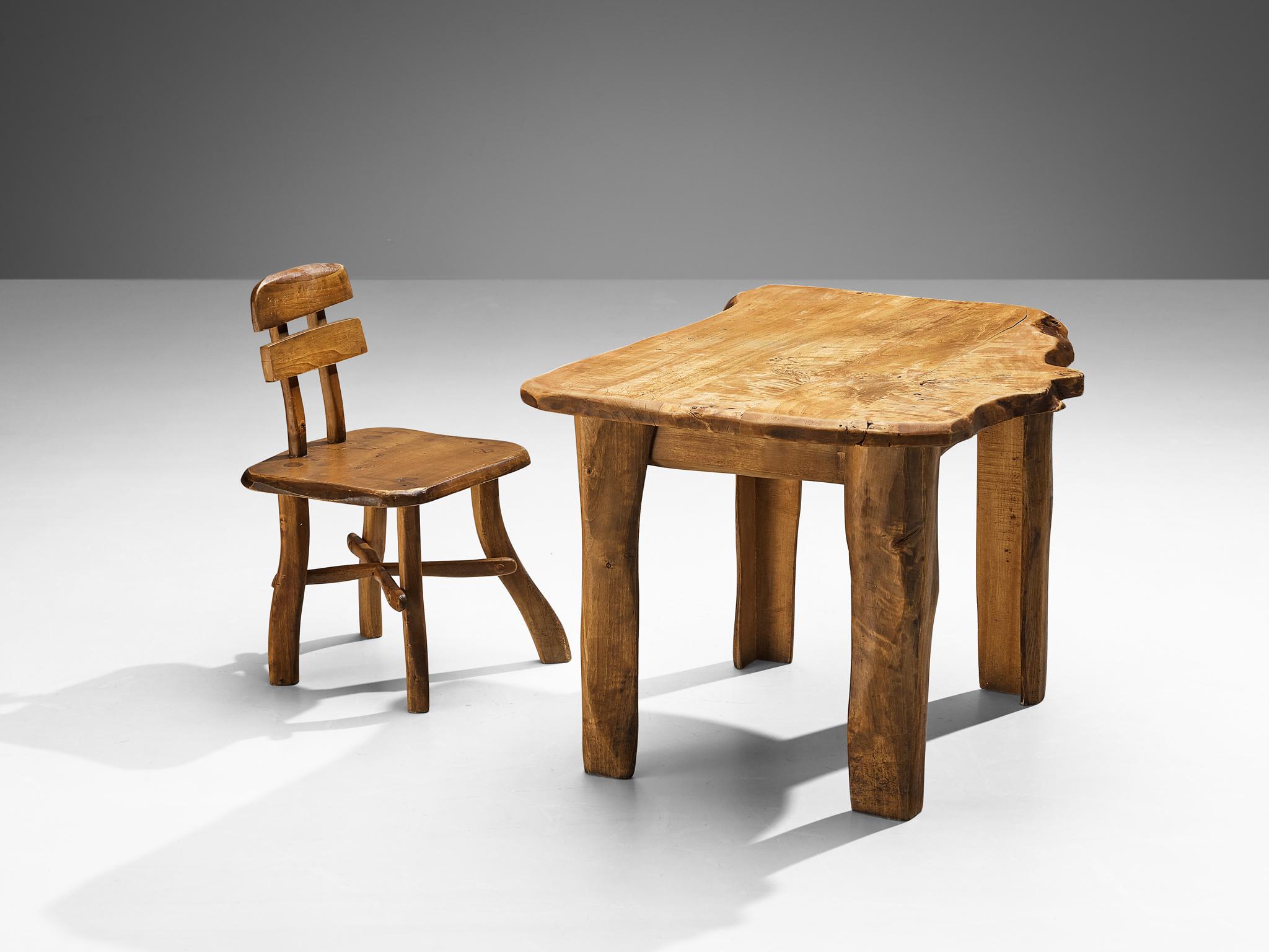 Brutalist set of chair and writing desk, maple, Europe 1960s 

Beautiful and naturalistic set consisting of a writing table and chair made in Europe in the 1960s. The chair features a backrest consisting of two pieces of maplewood. Another slab is