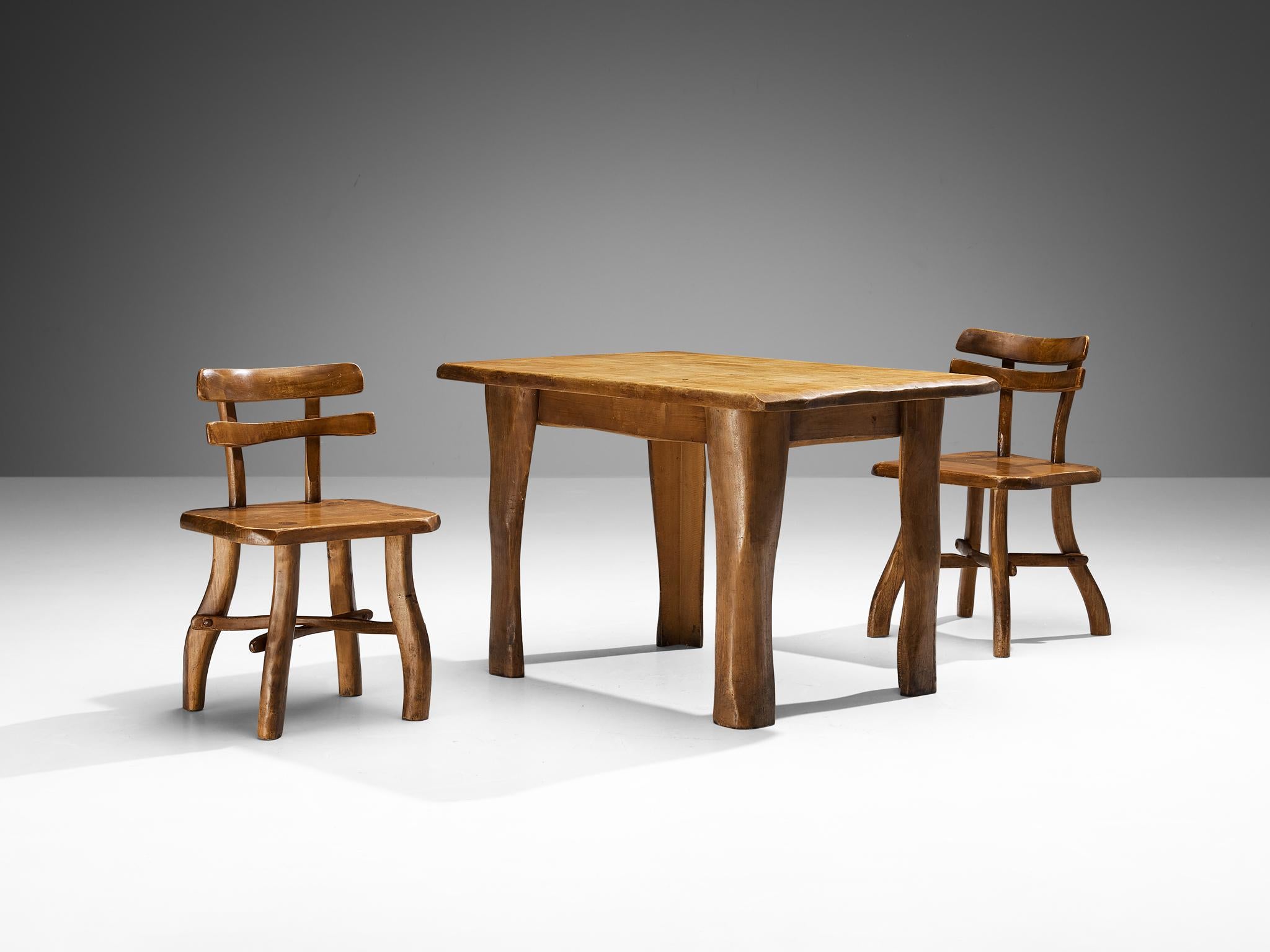 Organic Brutalist Set of Dining Table and Pair of Chairs in Maple For Sale 1