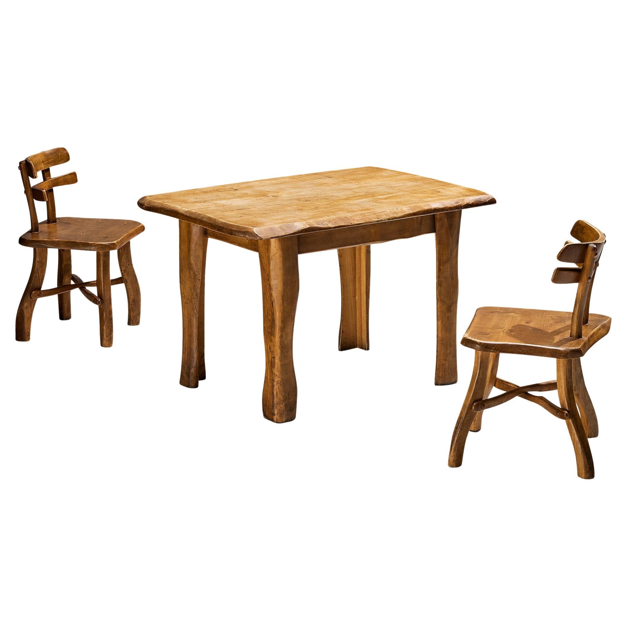 Organic Brutalist Set of Dining Table and Pair of Chairs in Maple