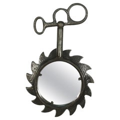 Organic brutalist vintage wall sun mirror in wrought iron, France 1950s