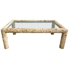 Organic Carved Wood and Glass Top Coffee Table