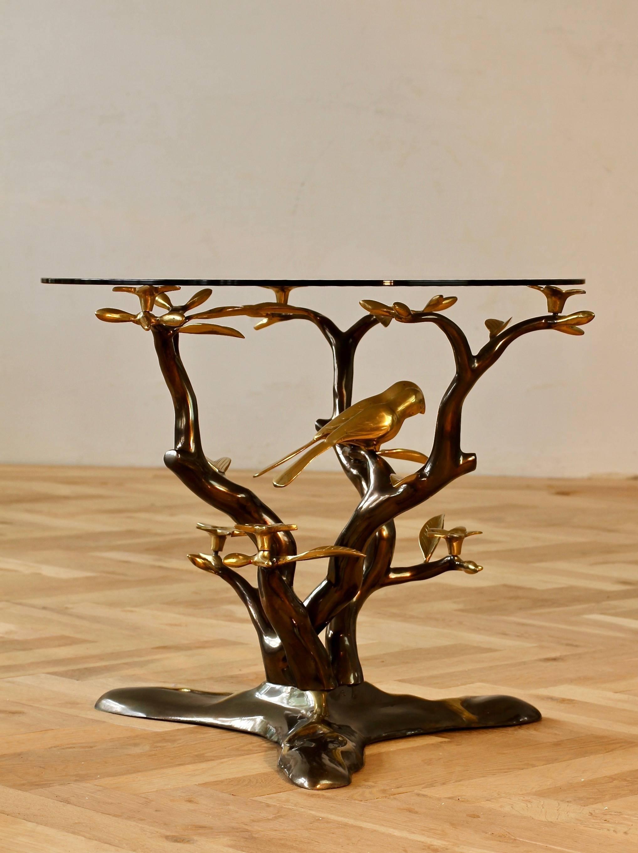 Mid-Century Modern Organic Cast Brass Love Birds Tree Form Side or End Table, Belgium, circa 1975