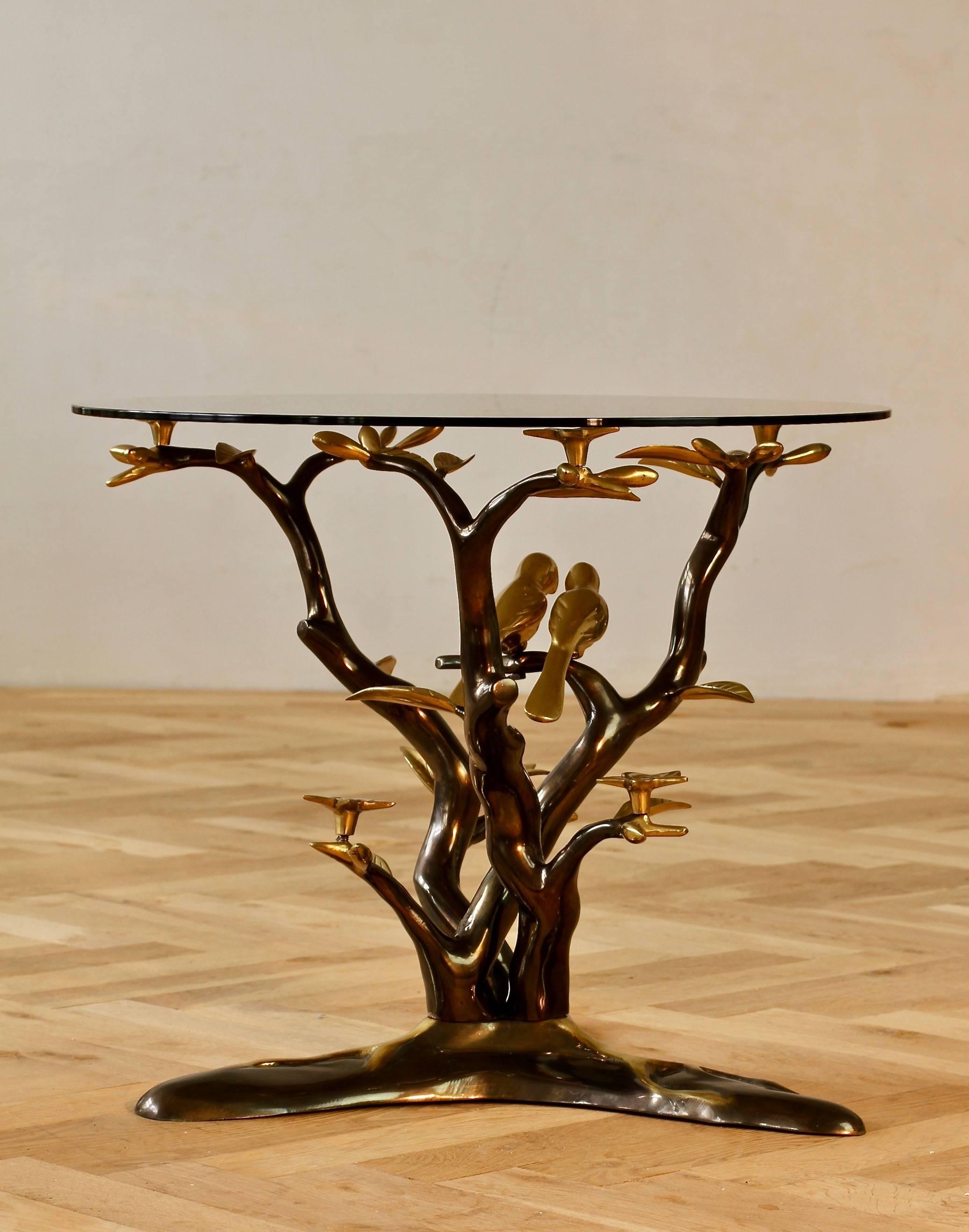 Belgian Organic Cast Brass Love Birds Tree Form Side or End Table, Belgium, circa 1975