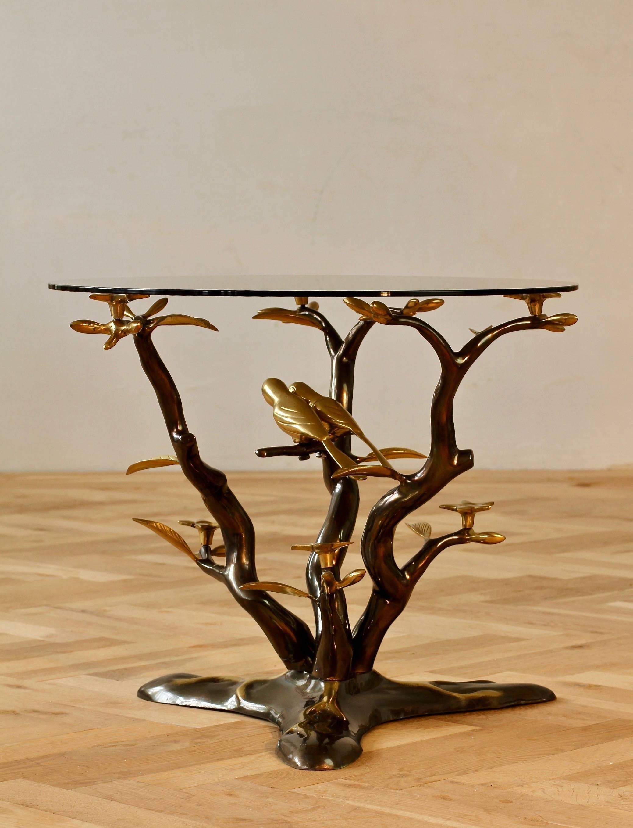Polished Organic Cast Brass Love Birds Tree Form Side or End Table, Belgium, circa 1975