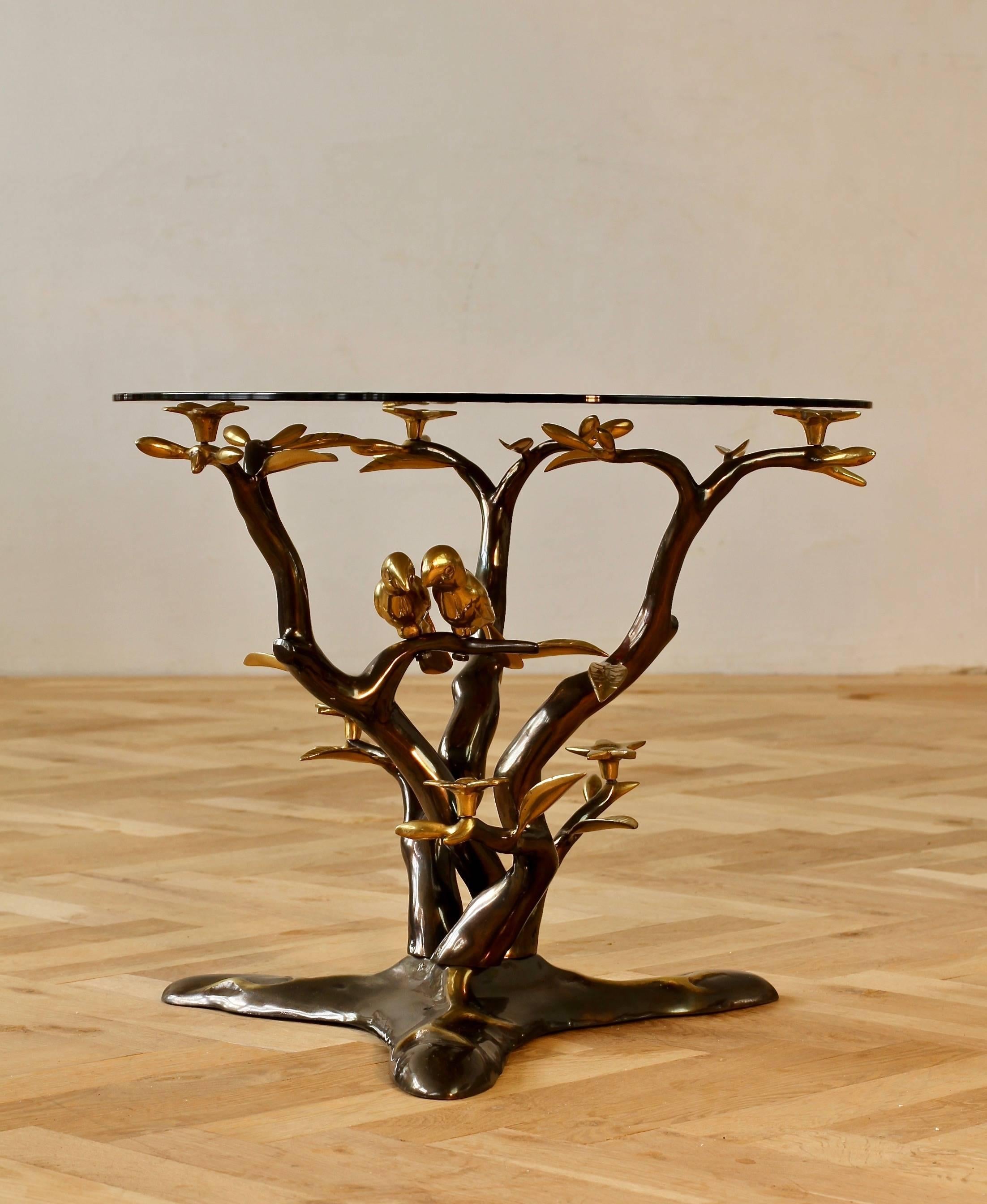 20th Century Organic Cast Brass Love Birds Tree Form Side or End Table, Belgium, circa 1975