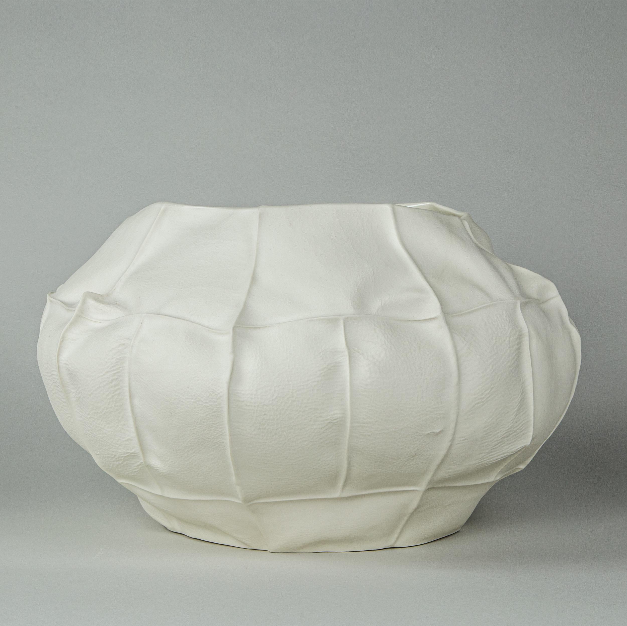 Modern Organic White Ceramic Kawa Vessel, Large 01, Leather Cast Porcelain Vase For Sale