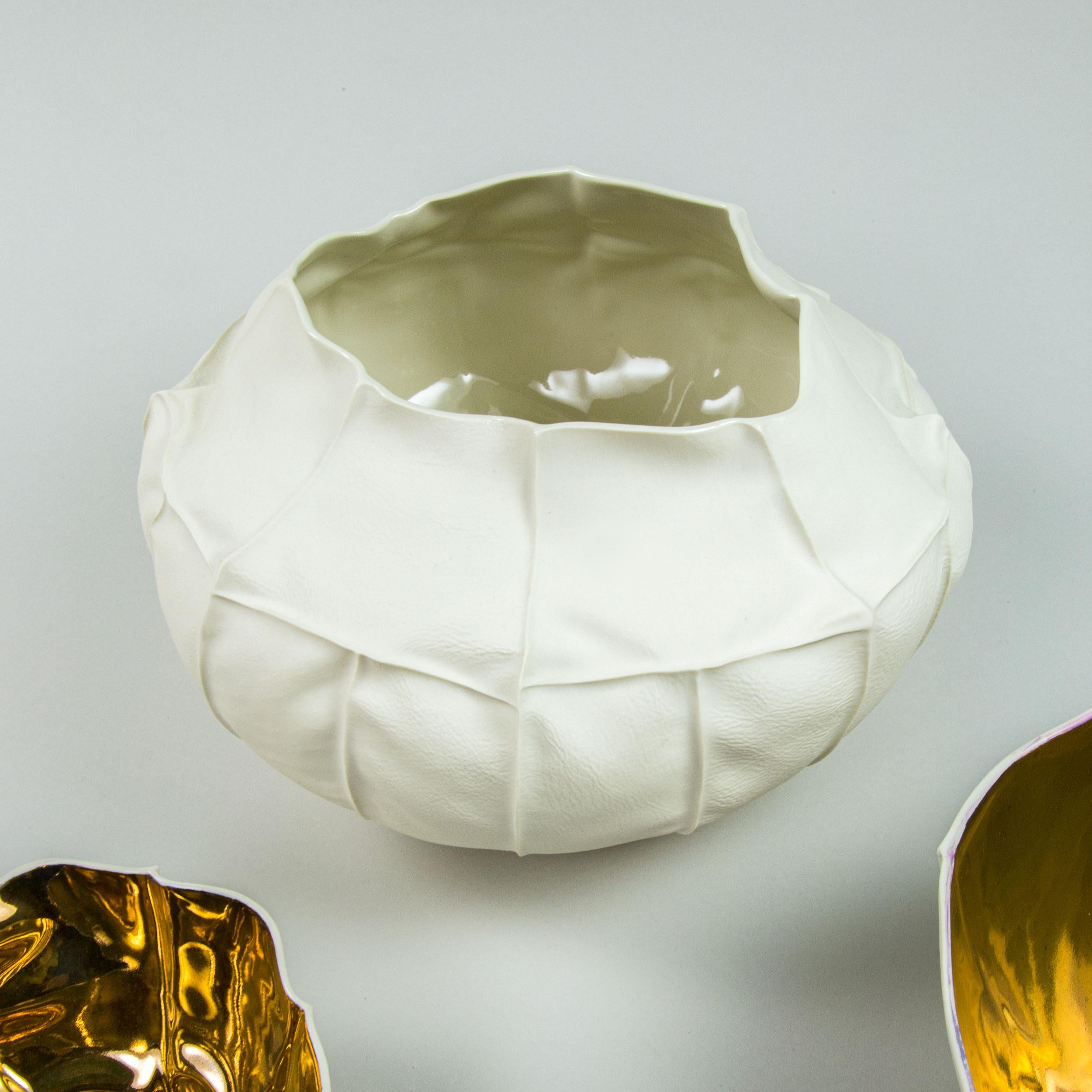 American Organic White Ceramic Kawa Vessel, Large 01, Leather Cast Porcelain Vase For Sale
