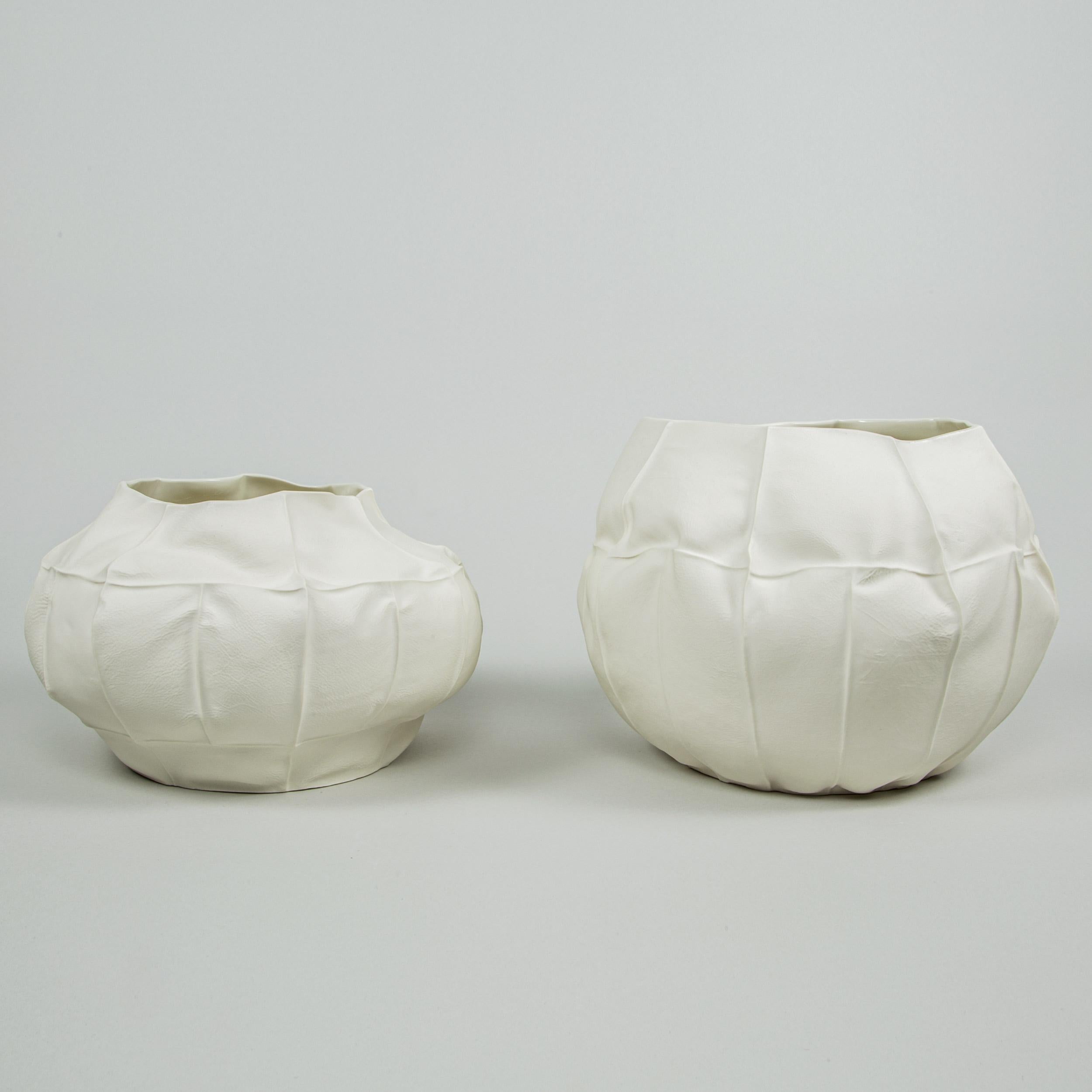 Hand-Crafted Organic White Ceramic Kawa Vessel, Large 01, Leather Cast Porcelain Vase For Sale