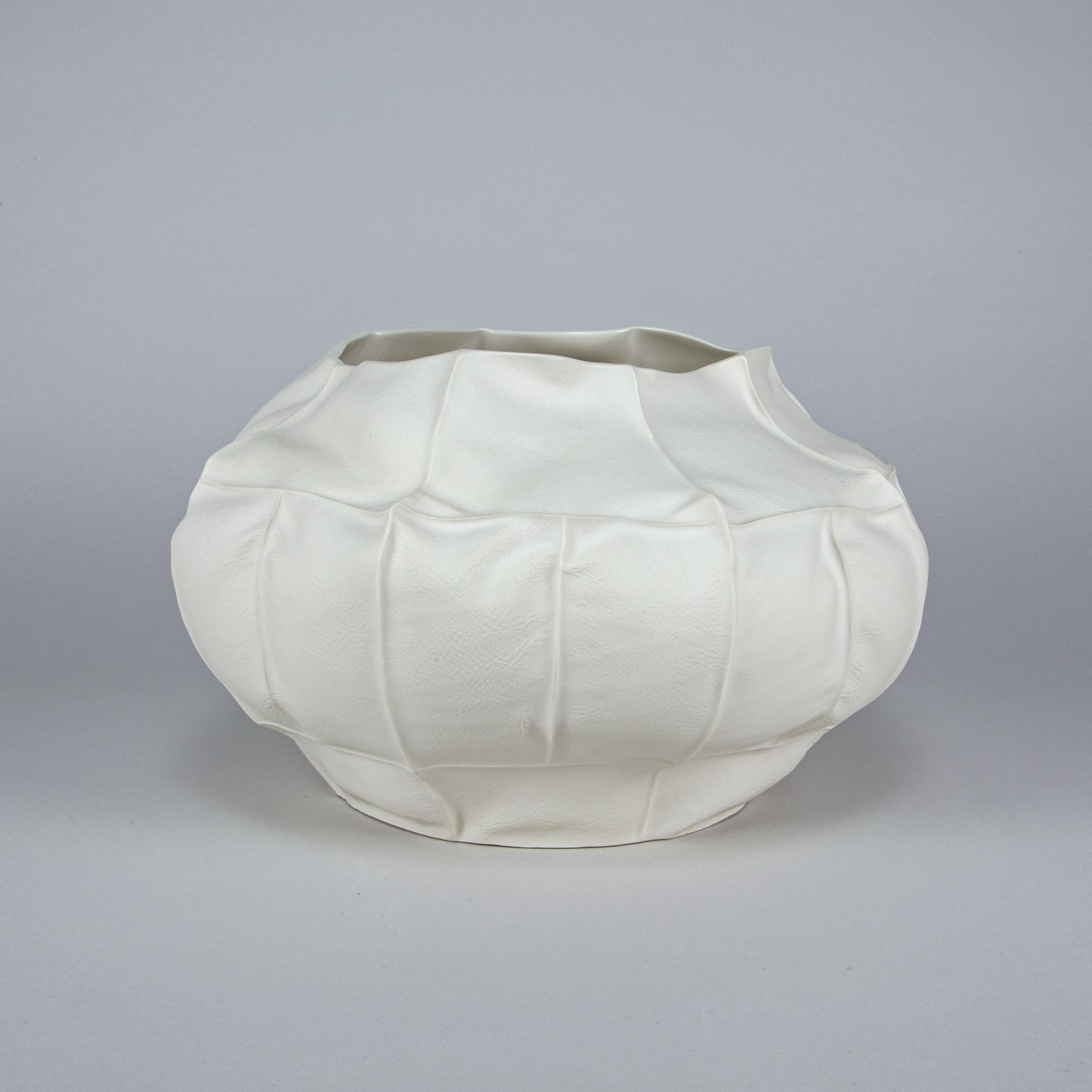 Contemporary Organic White Ceramic Kawa Vessel, Large 01, Leather Cast Porcelain Vase For Sale