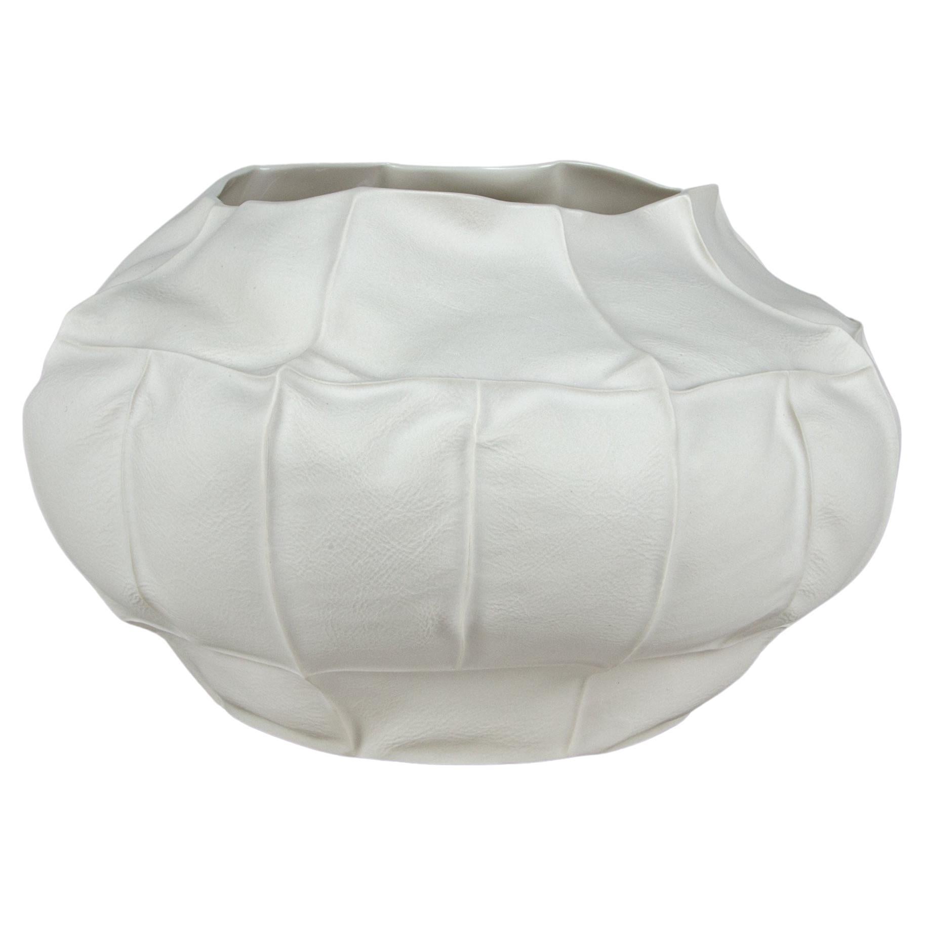 Organic White Ceramic Kawa Vessel, Large 01, Leather Cast Porcelain Vase For Sale