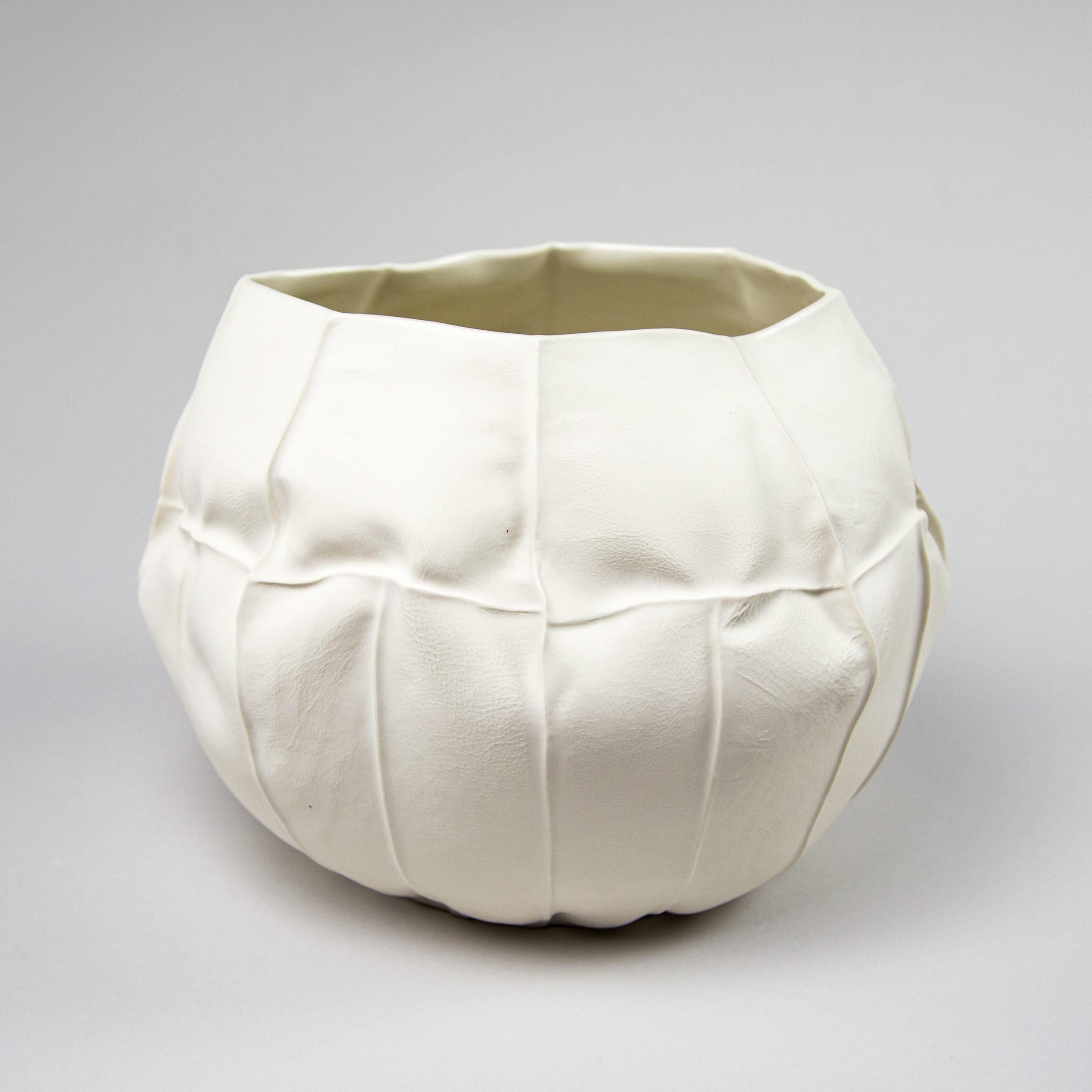 Modern Organic White Ceramic Kawa Vessel, Large 02, Leather Cast Porcelain Vase For Sale