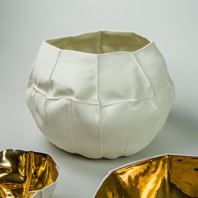 American Organic White Ceramic Kawa Vessel, Large 02, Leather Cast Porcelain Vase For Sale