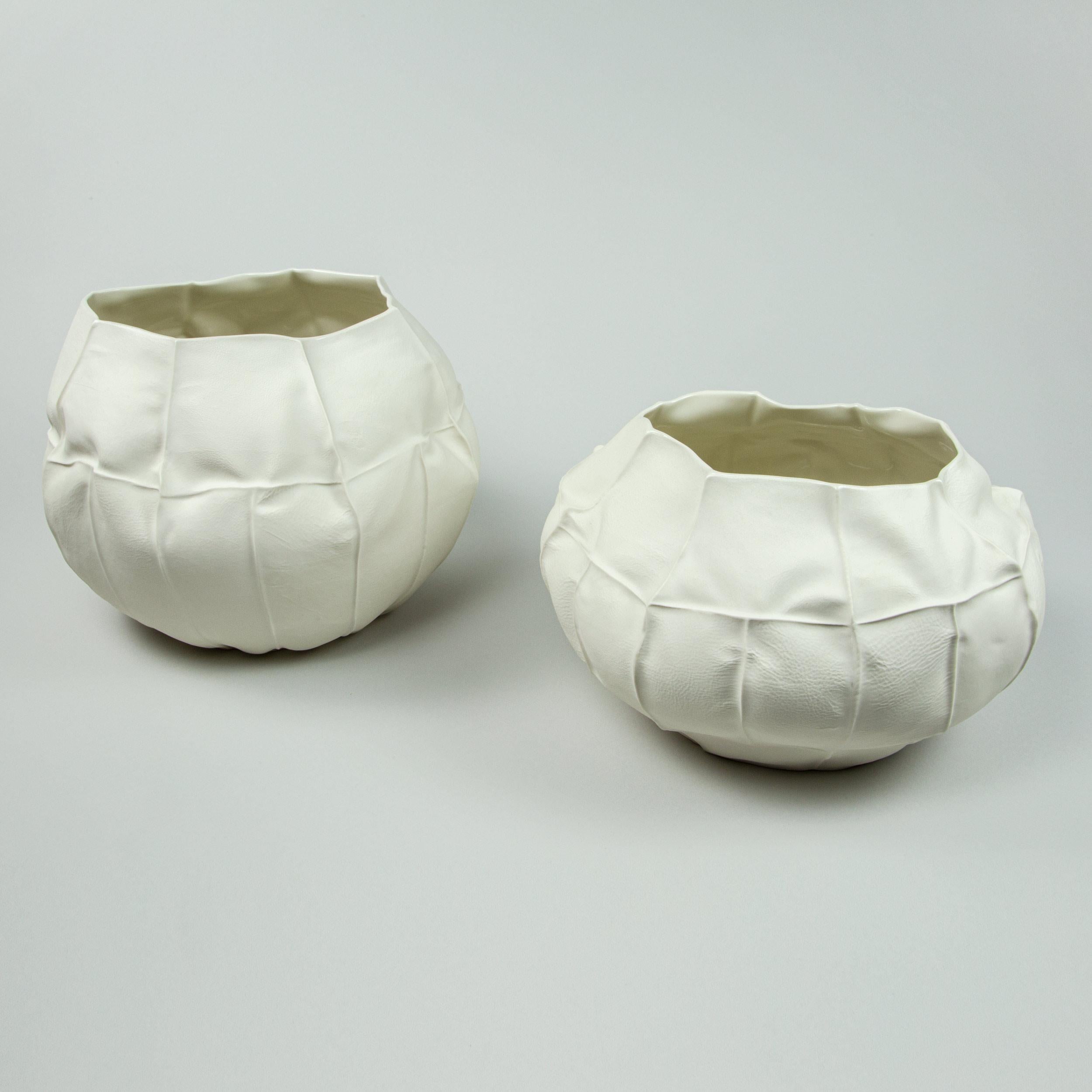 Other Organic White Ceramic Kawa Vessel, Large 02, Leather Cast Porcelain Vase For Sale