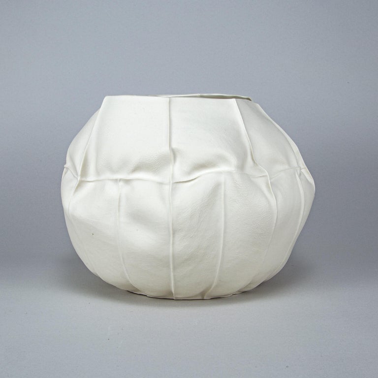 Contemporary Organic White Ceramic Kawa Vessel, Large 02, Leather Cast Porcelain Vase For Sale
