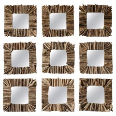 Miroirs muraux en bois flotté organiques, côtiers et brutalistes, fabriqués à la main - Lot de 9