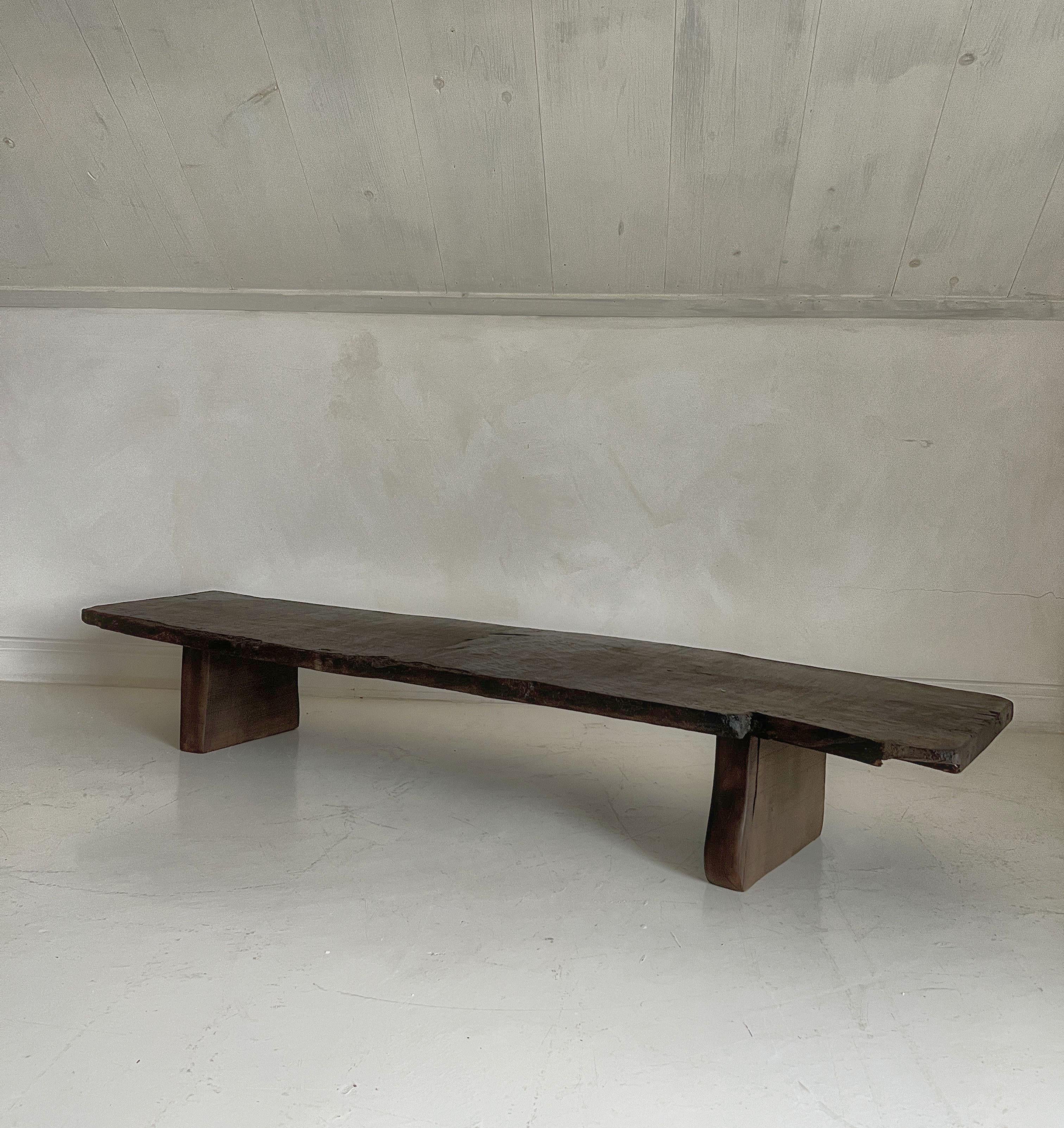 We found this beautiful organic top in the Pyrinees. Once in our workshop we realised that we should leave it as much as possible in its original form. After a subtle clean and wax we paired it with old oak beams from our stock. The result is a very