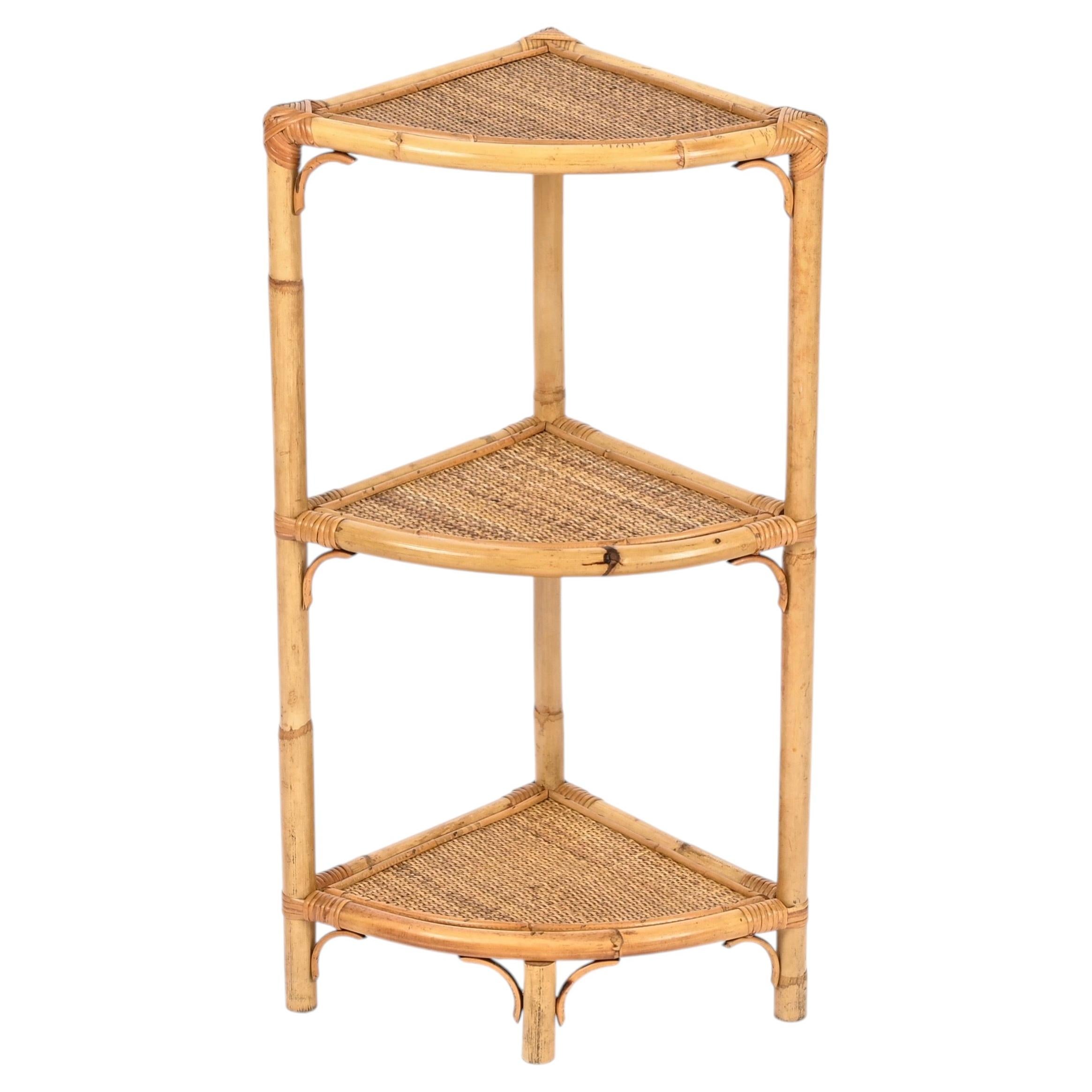 Organic Corner Shelf or Étagère in Bamboo, Rattan and Wicker, Italy, 1970s