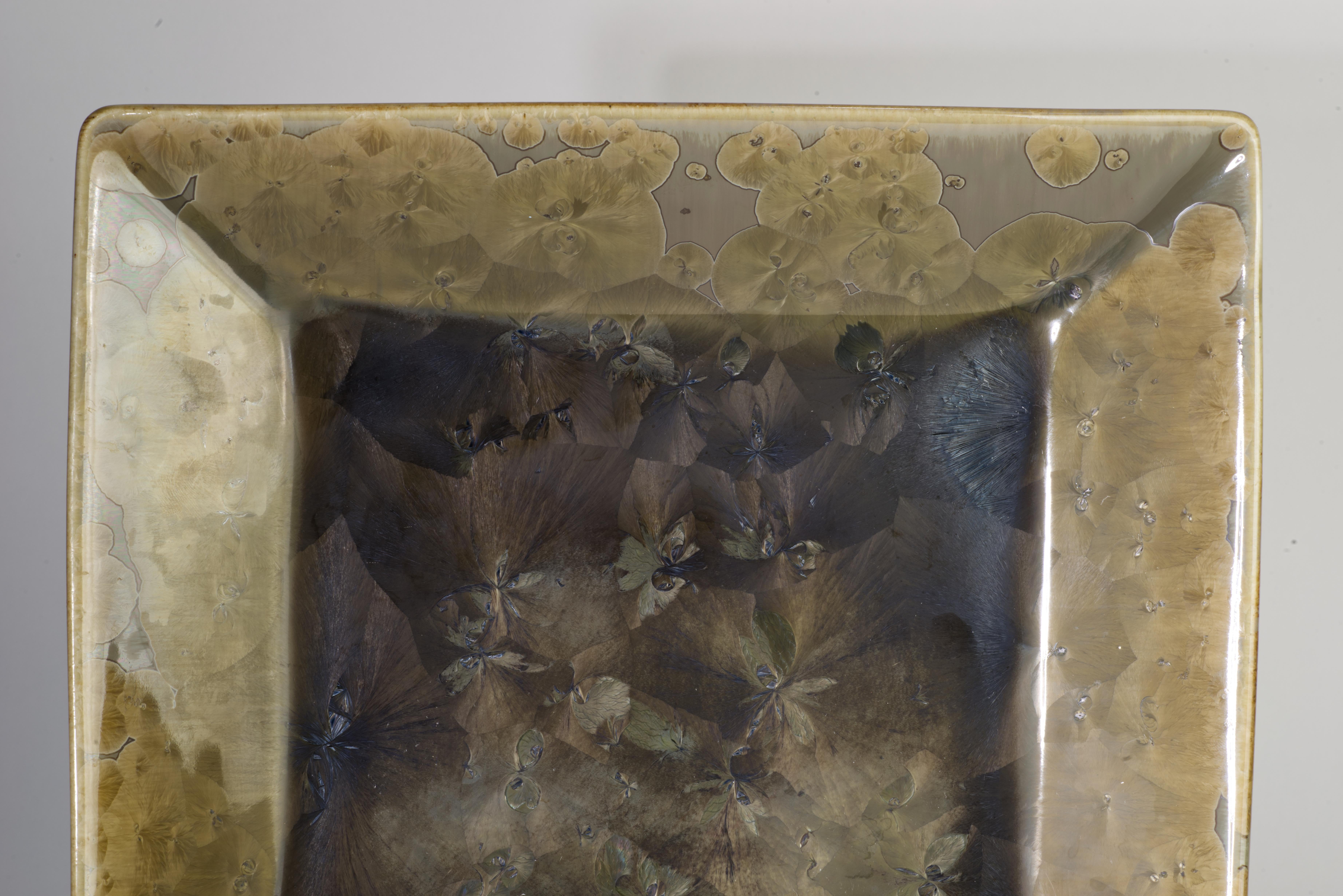  Striking studio pottery ceramic tray or platter is decorated with crystalline glaze in organic, earthy tones. Olive color crystals on beige and khaki colored base were grown in a kiln during a very long, controlled firing. Each crystalline piece is