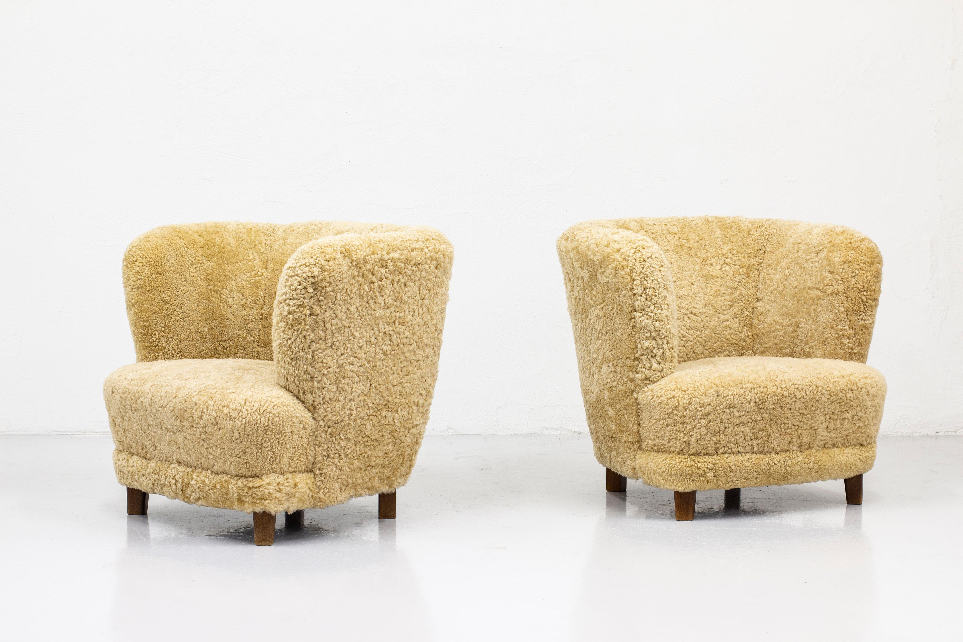 Mid-20th Century Organic Danish Modern Lounge Chairs with Sheepskin, Denmark, 1950s