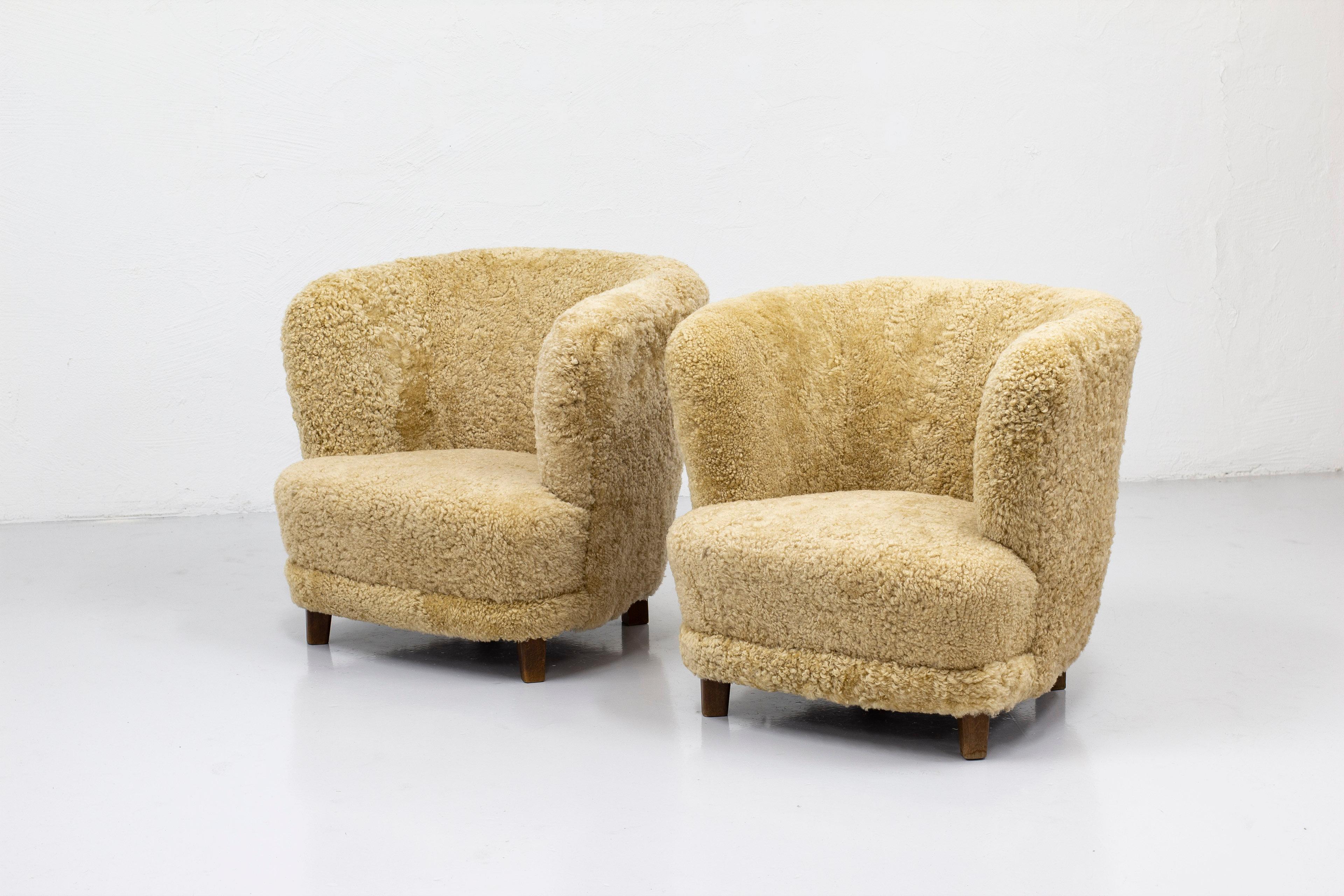 Organic Danish Modern Lounge Chairs with Sheepskin, Denmark, 1950s 2