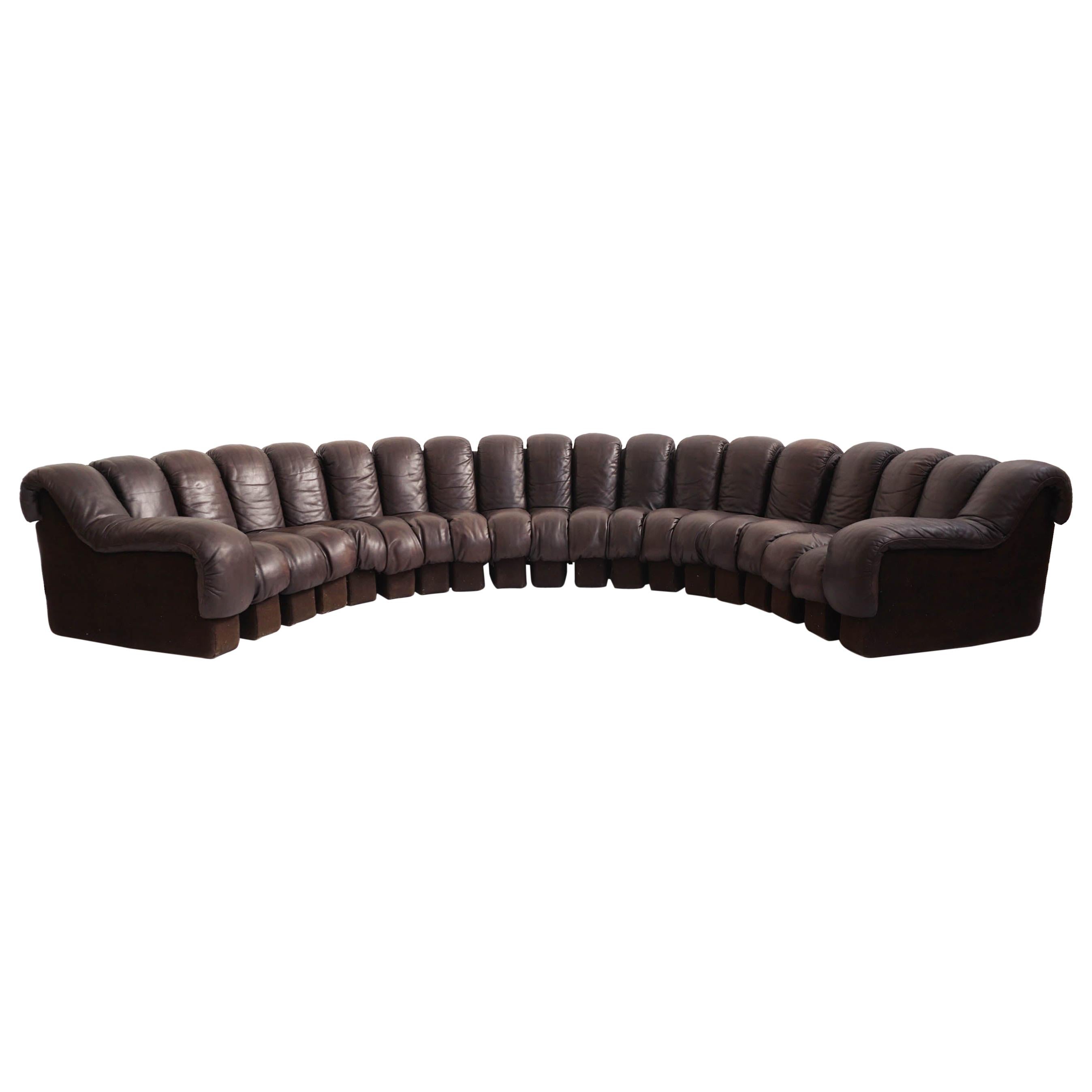 Organic De Sede DS600 "Non Stop" Brown Patinated Leather Sofa For Sale