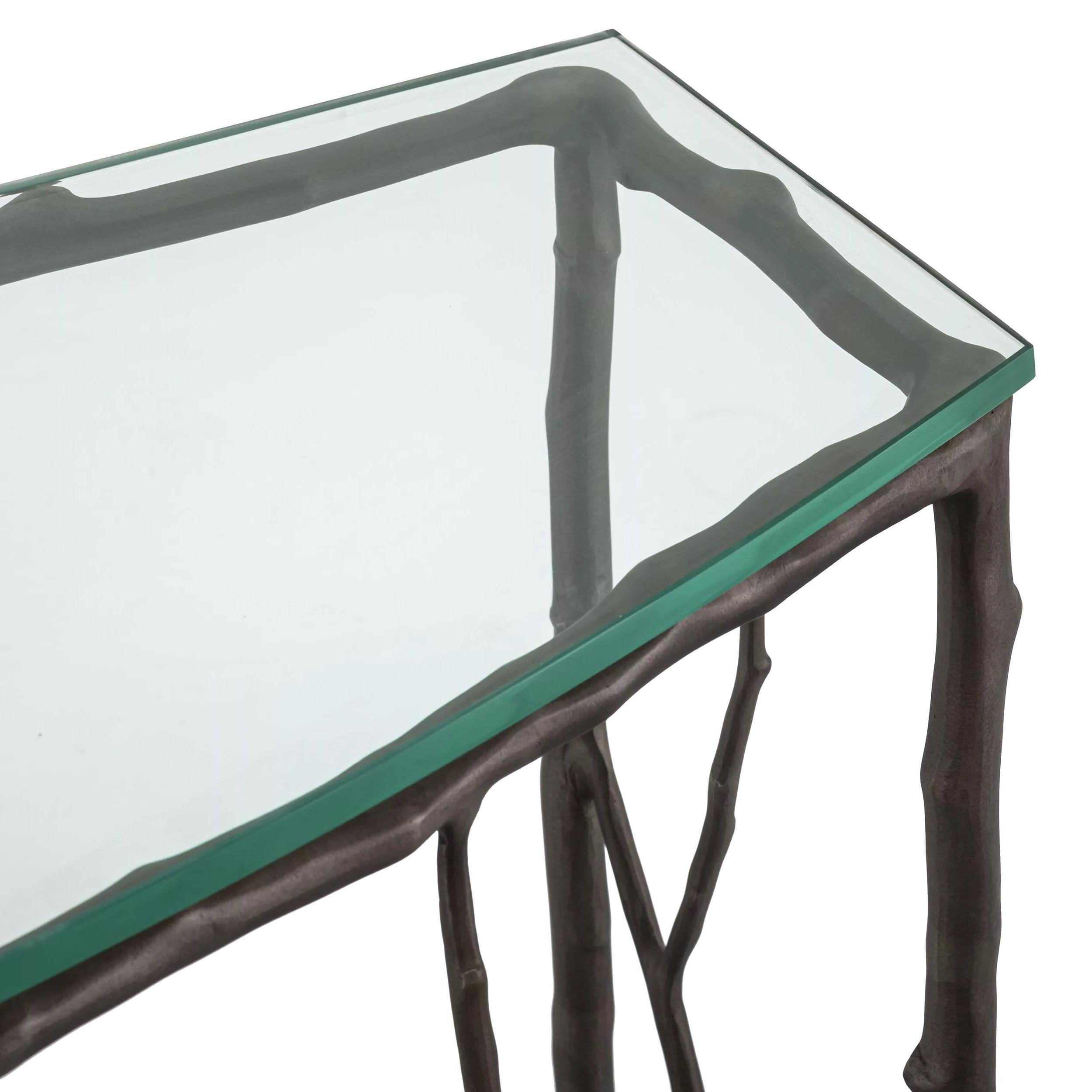 Organisches Design und Giacometti-Stil Aluminium-Bronze-Finish Metallstruktur und Klarglasplatte (0,39' dick) Konsolentisch.