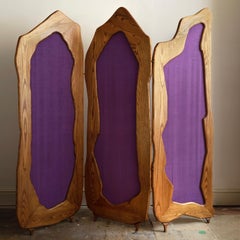 Organic design Oregon pine and silk moire screen/room divider, Italian 1970s