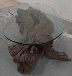 Organic Driftwood Glass Top Table - Rustic Modern  Statement Piece