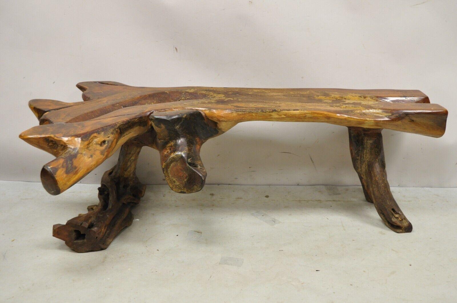 Organic Driftwood Mid Century Modern Sculptural Bench Coffee Table. Item features a double pedestal wishbone base, thick burlwood top, very nice vintage item, sleek sculptural form. Circa Mid to late 20th Century. Measurements: 17