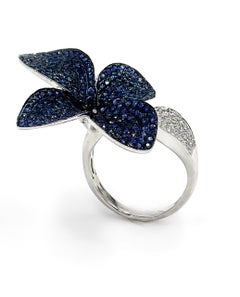 Organic Flower Ring with Sapphires and Diamonds, 18K White Gold