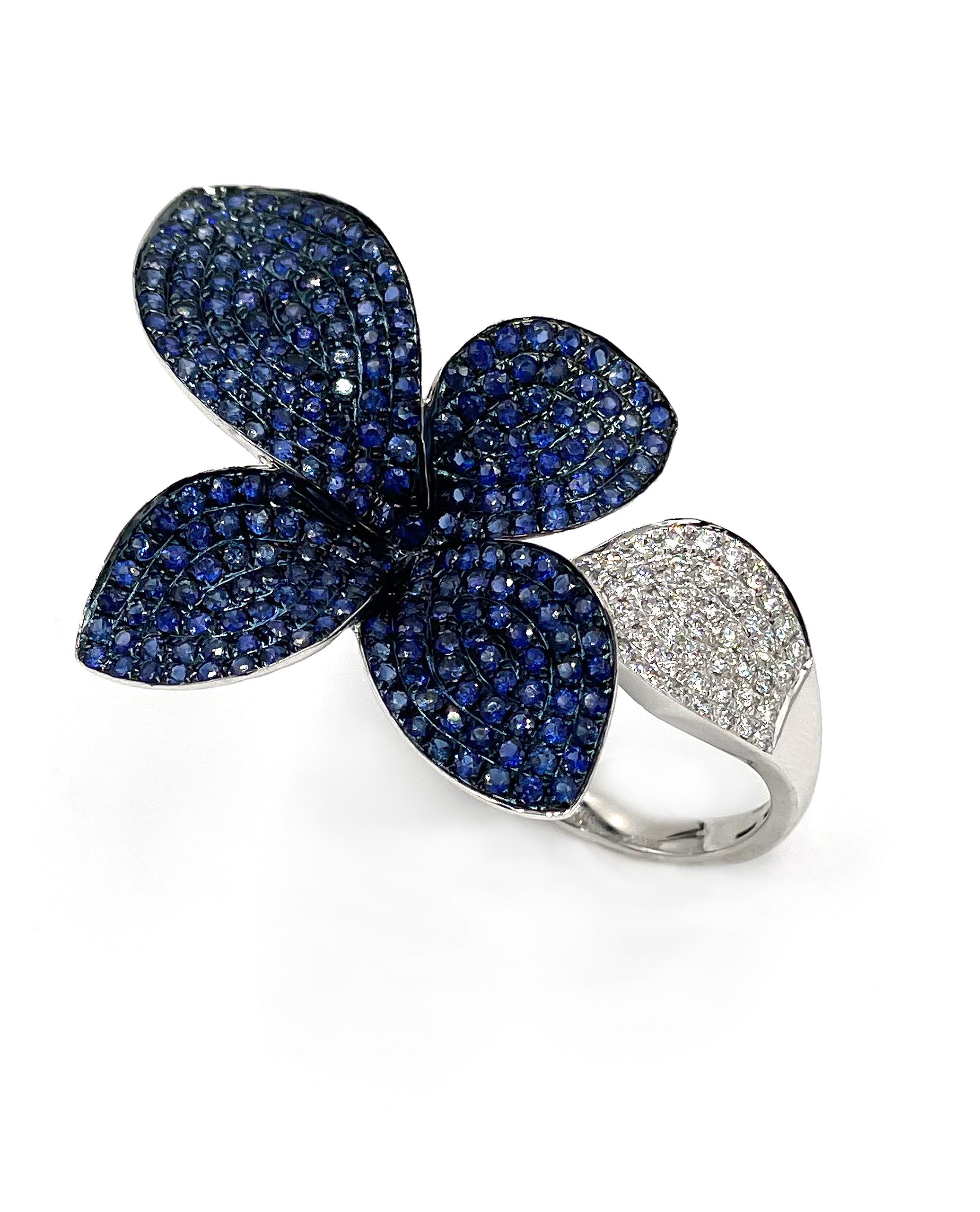 Round Cut Organic Flower Ring with Sapphires and Diamonds, 18K White Gold