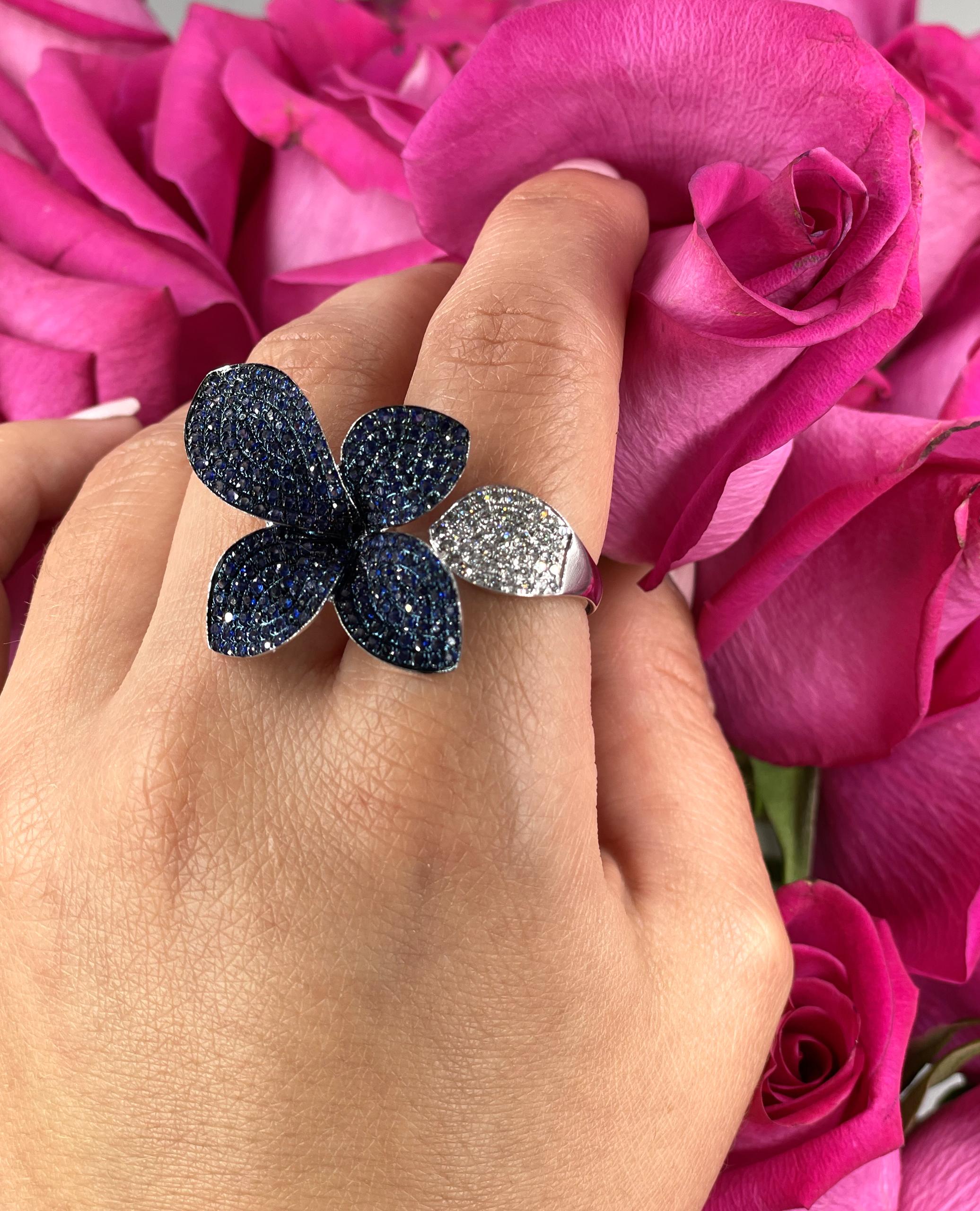Women's Organic Flower Ring with Sapphires and Diamonds, 18K White Gold