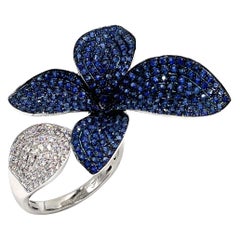 Organic Flower Ring with Sapphires and Diamonds, 18K White Gold